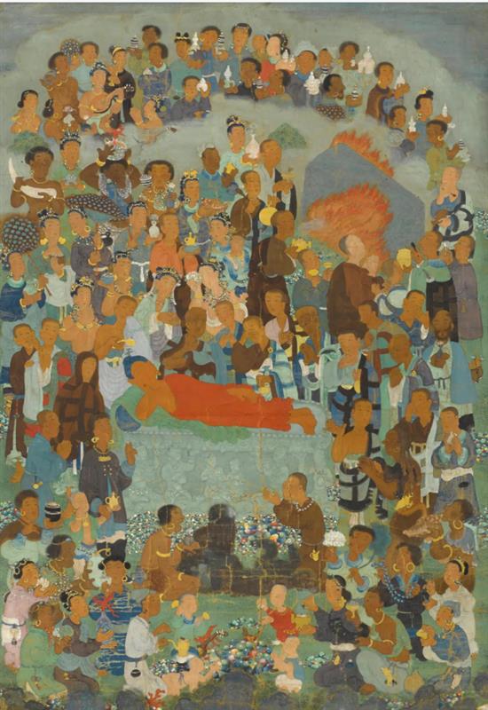 第十世噶瑪巴卻英多傑 絹本礦物顏料彩繪 釋迦牟尼涅槃唐卡。雲南/藏東 十七世紀晚期。24 1/2 x 16 5/8 英寸（62.3 x 42.2 公分）。此作於2025年11月3日在佳士得香港售出，成交價港元 9,525,000