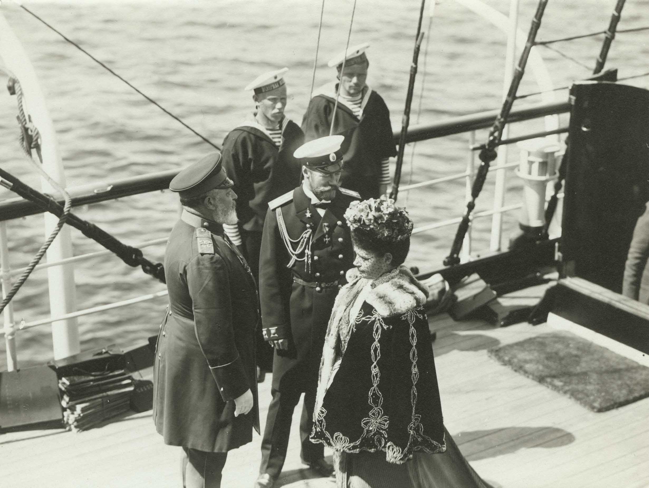 Emperor Nicholas II with his mother, the Dowager Empress Maria Feodorovna, and King Edward VII (left) on a yacht in the Bay of Reval (now Tallinn), 1908
