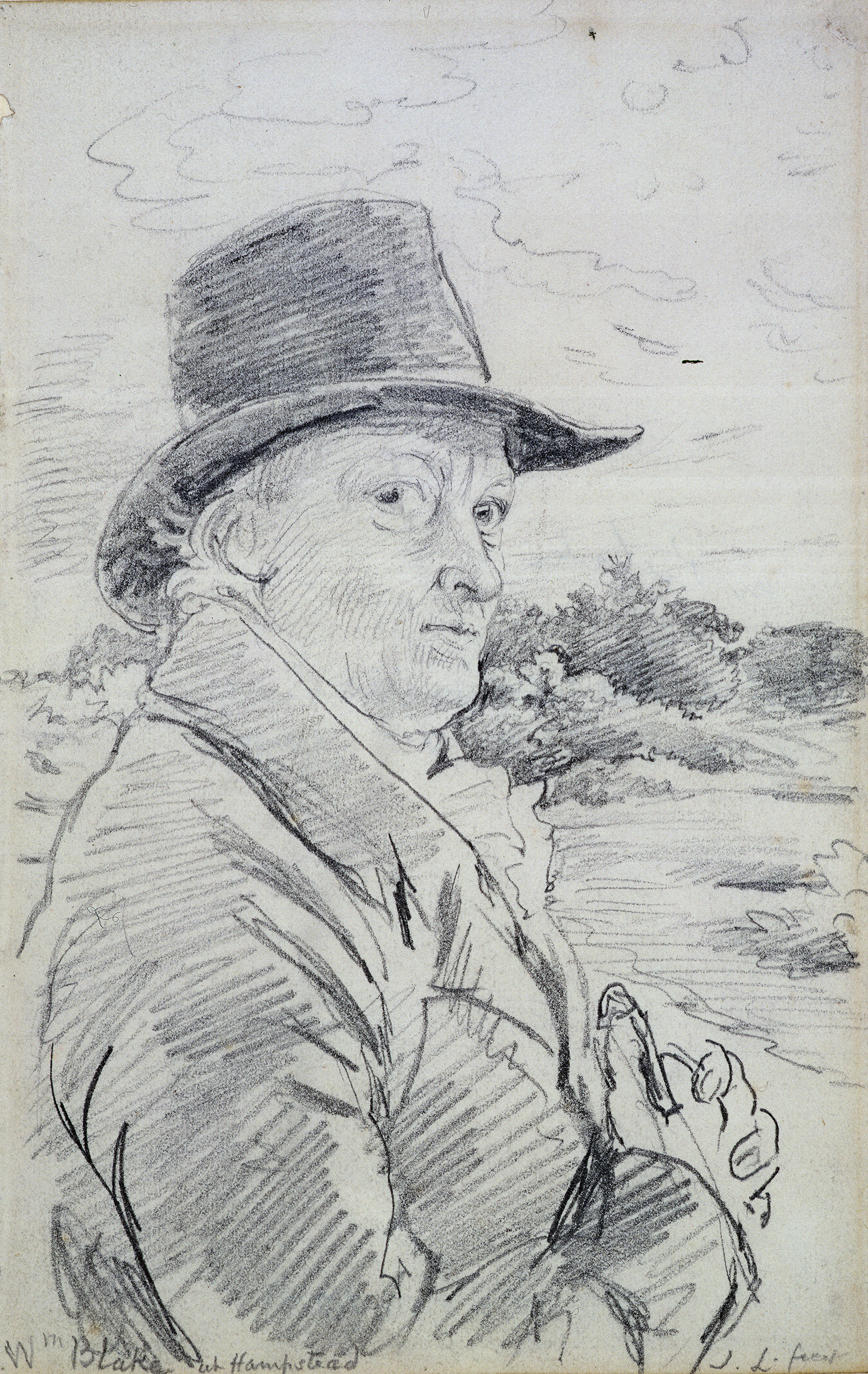 John Linnell, William Blake, wearing hat, three-quarter view, half-length with hands, circa 1825