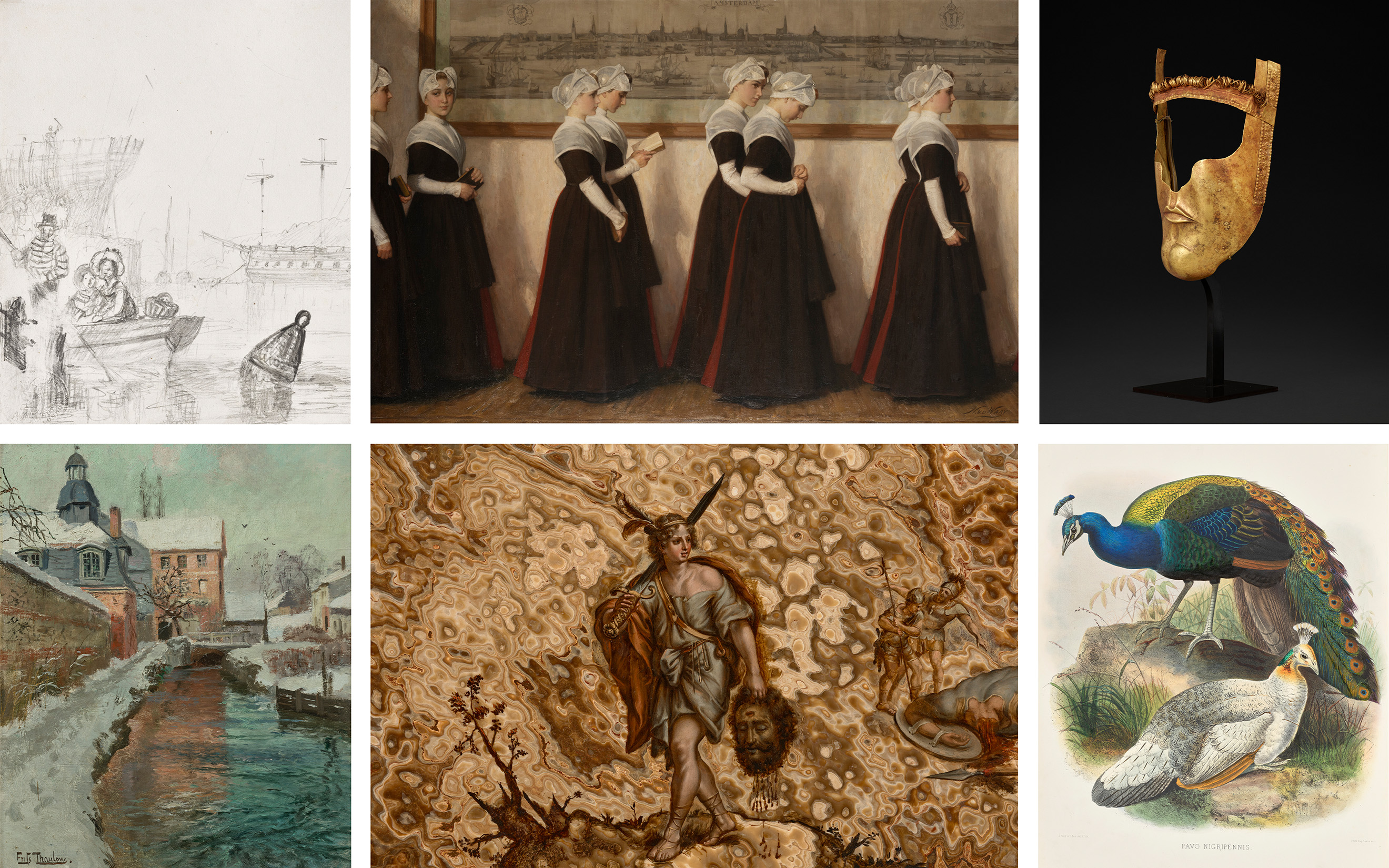 Clockwise, from top left: Joseph Mallord William Turner, R.A., Shipping in Cowes Harbour; Nicolaas van der Waay, Amsterdam orphan girls going to church; a Thracian gold mask, circa 5th-4th century B.C.; Daniel Giraud Elliot, A Monograph of the Phasianidae or Family of the Pheasants; David with the Head of Goliath, North Italian School, 17th century; Frits Thaulow, La Chapelle de Lillebonne, neige, all offered in Classic Week at Christie's in London, 2-11 December 2025