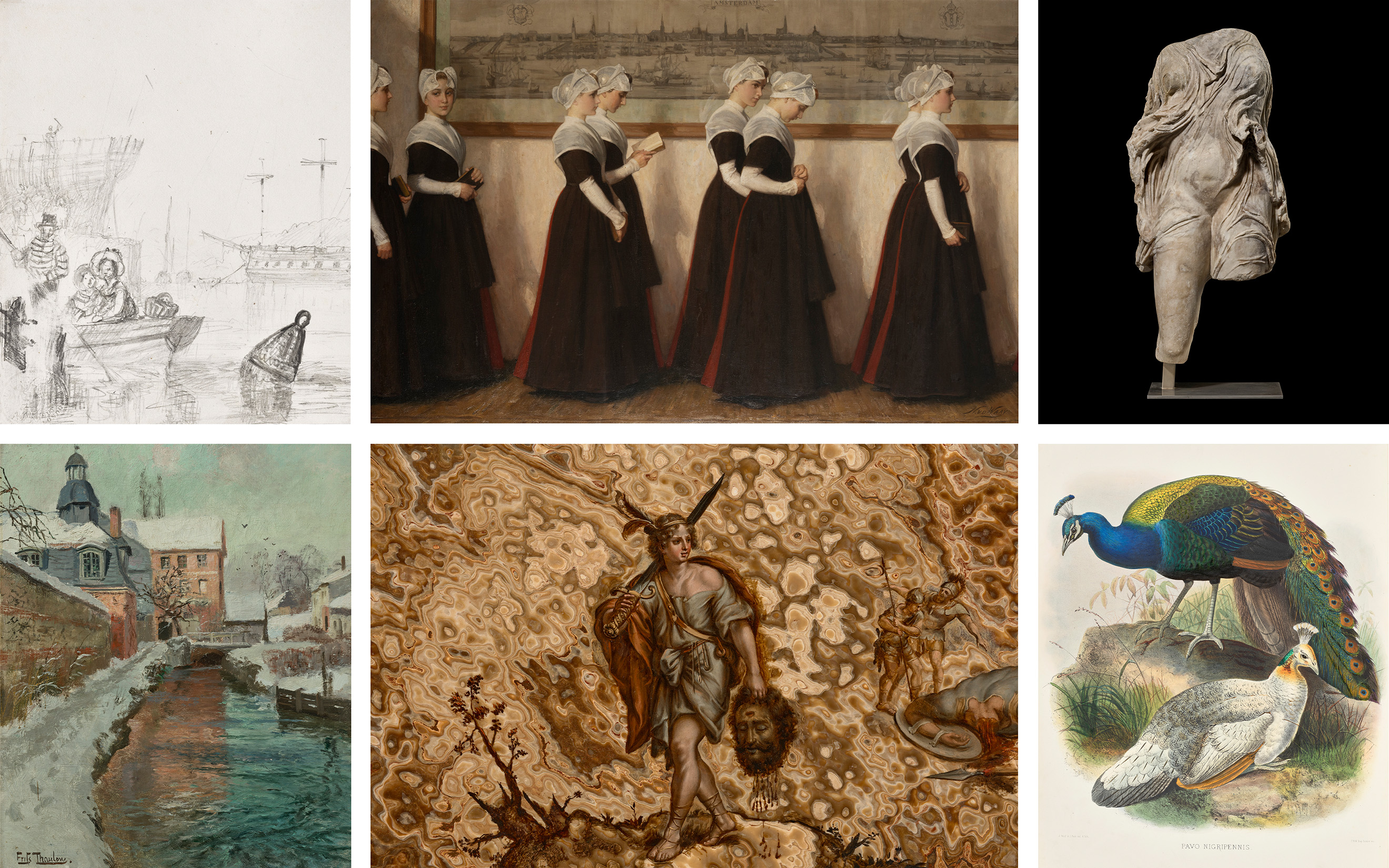 Clockwise, from top left: Joseph Mallord William Turner, R.A., Shipping in Cowes Harbour; Nicolaas van der Waay, Amsterdam orphan girls going to church; a Greek marble draped female figure, Hellenistic period, circa 2nd century B.C.; Daniel Giraud Elliot, A Monograph of the Phasianidae or Family of the Pheasants; David with the Head of Goliath, North Italian School, 17th century; Frits Thaulow, La Chapelle de Lillebonne, neige, all offered in Classic Week at Christie's in London, 2-11 December 2025
