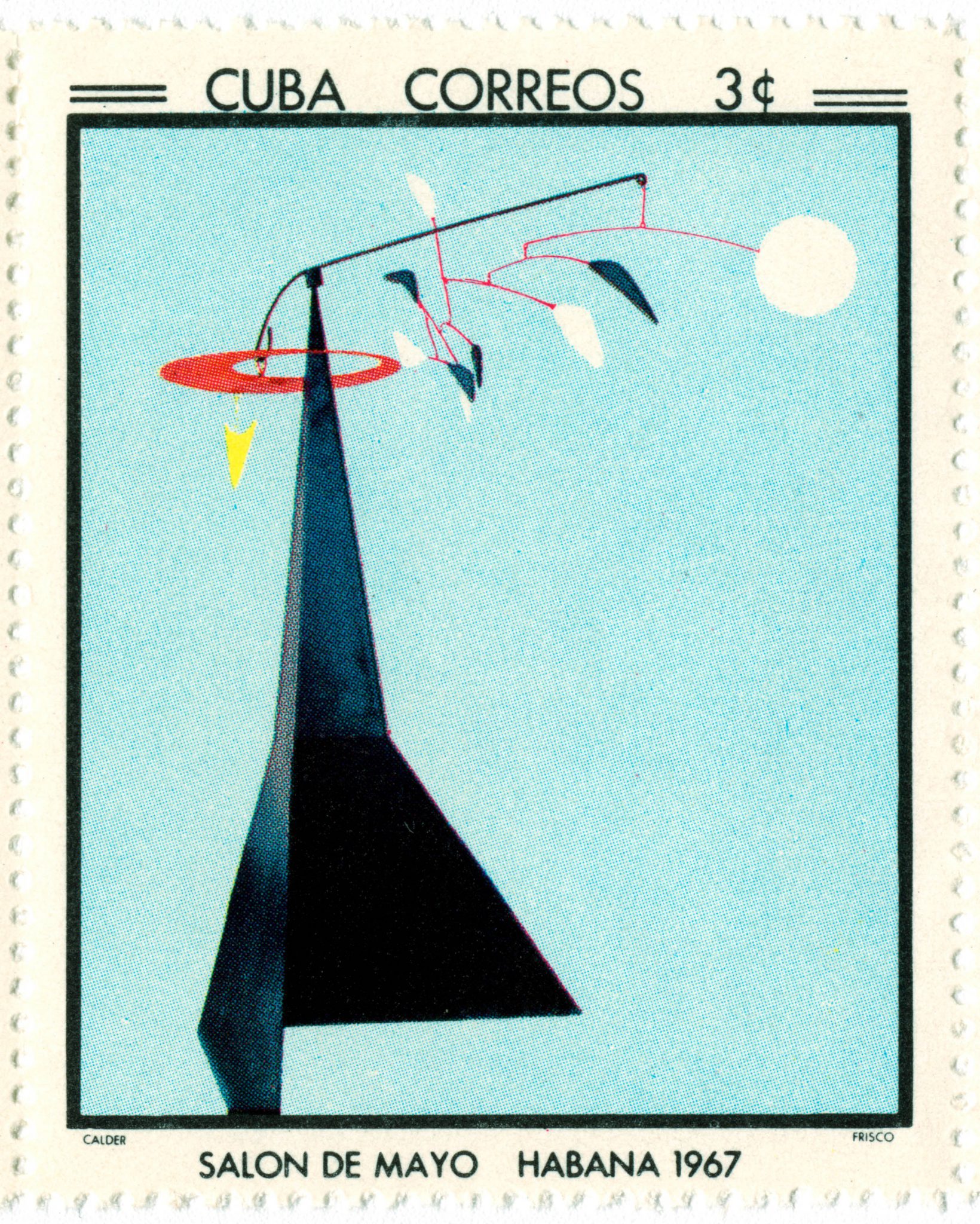 Cuban postage stamp from 1967 featuring an abstract mobile sculpture by Calder, commemorating the Salon de Mayo in Havana.