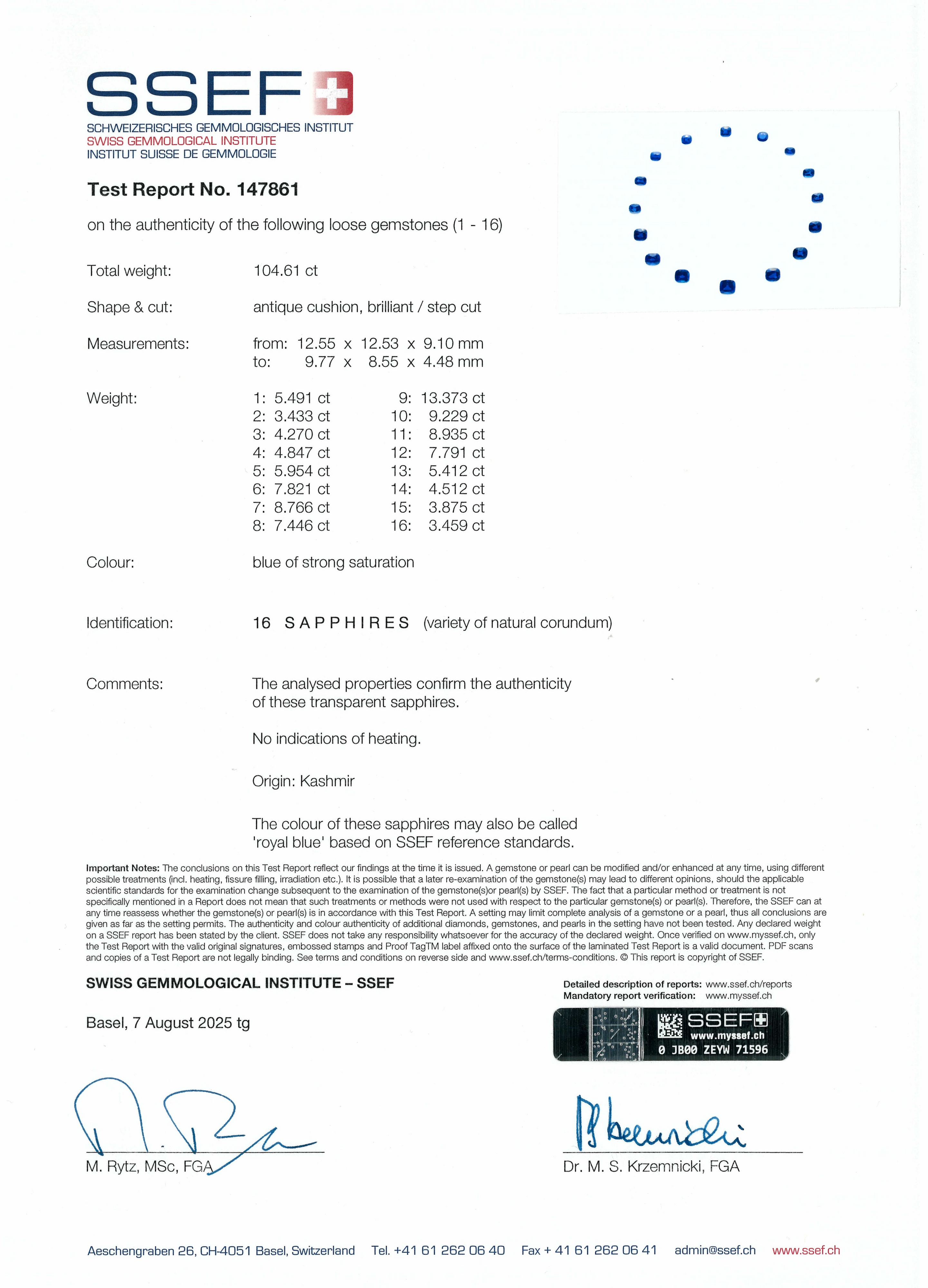 The Royal Blue天然皇家藍喀什米爾藍寶石及鑽石項鍊SSEF鑑定證書 