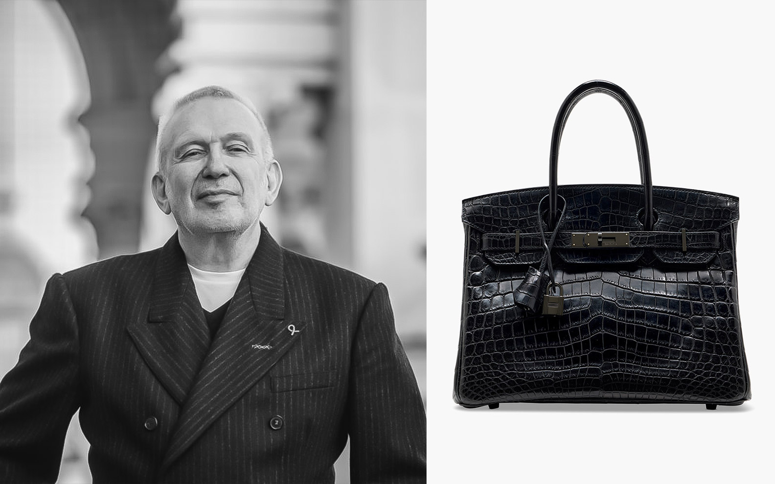 A person in a pinstripe suit stands beside an elegant black crocodile leather handbag with silver hardware.