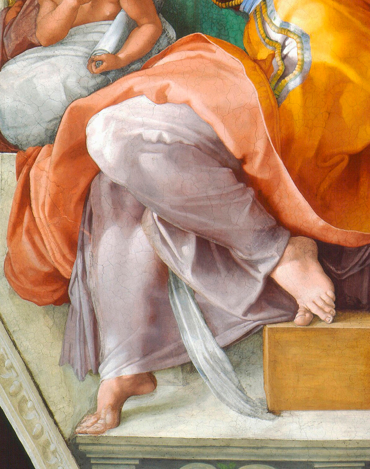 A close-up of a fresco depicts two barefoot figures in flowing robes, one in orange and yellow, seated on a stone platform.