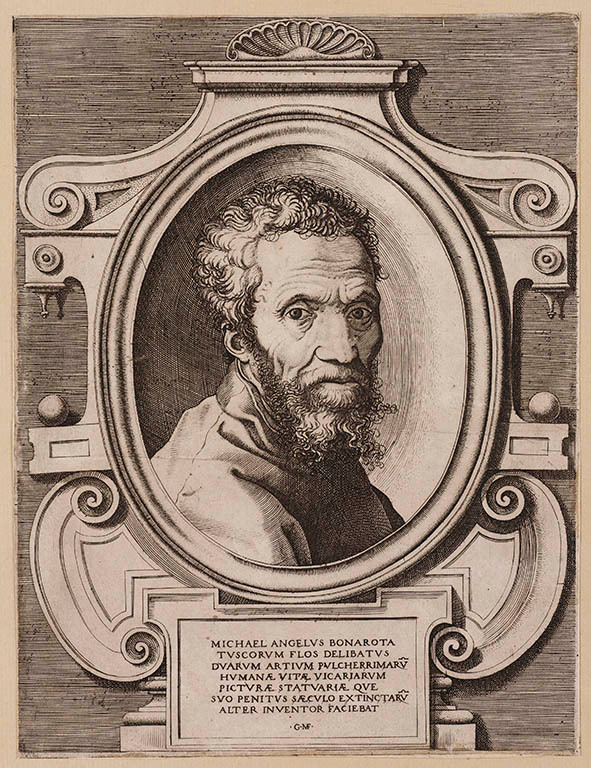 An ornate, classical portrait engraving features a curly-haired figure within an oval frame, with Latin text inscribed below.