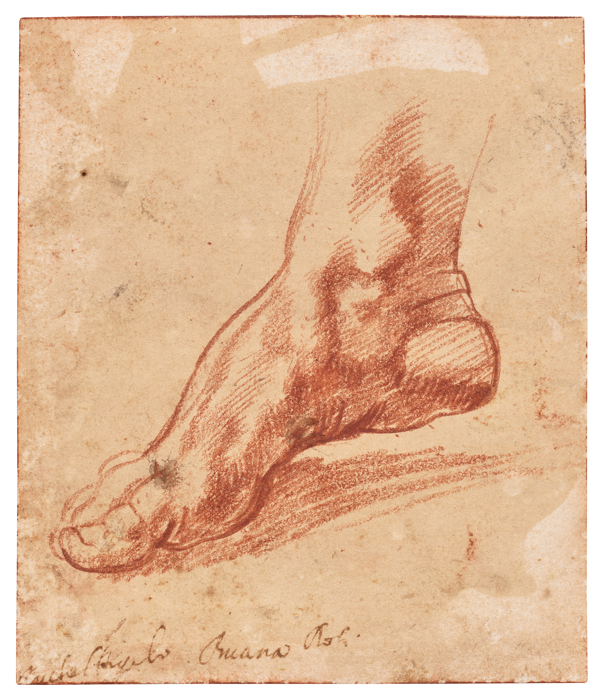 A detailed sketch in reddish-brown chalk depicts a human foot on aged, stained paper with a faint inscription at the bottom.