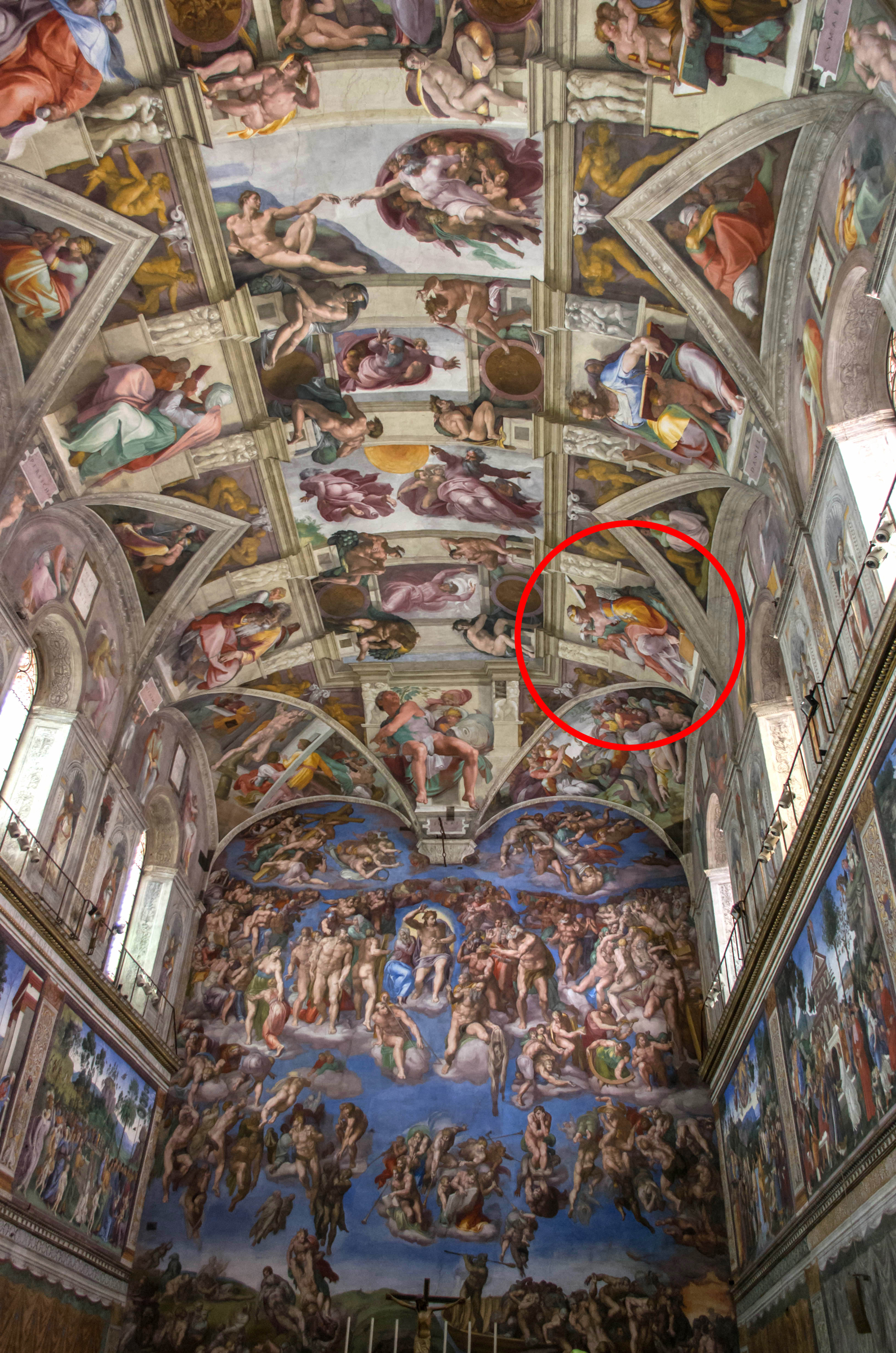 This image shows the Sistine Chapel ceiling frescoes, with a section outlined in red highlighting one of the painted panels.