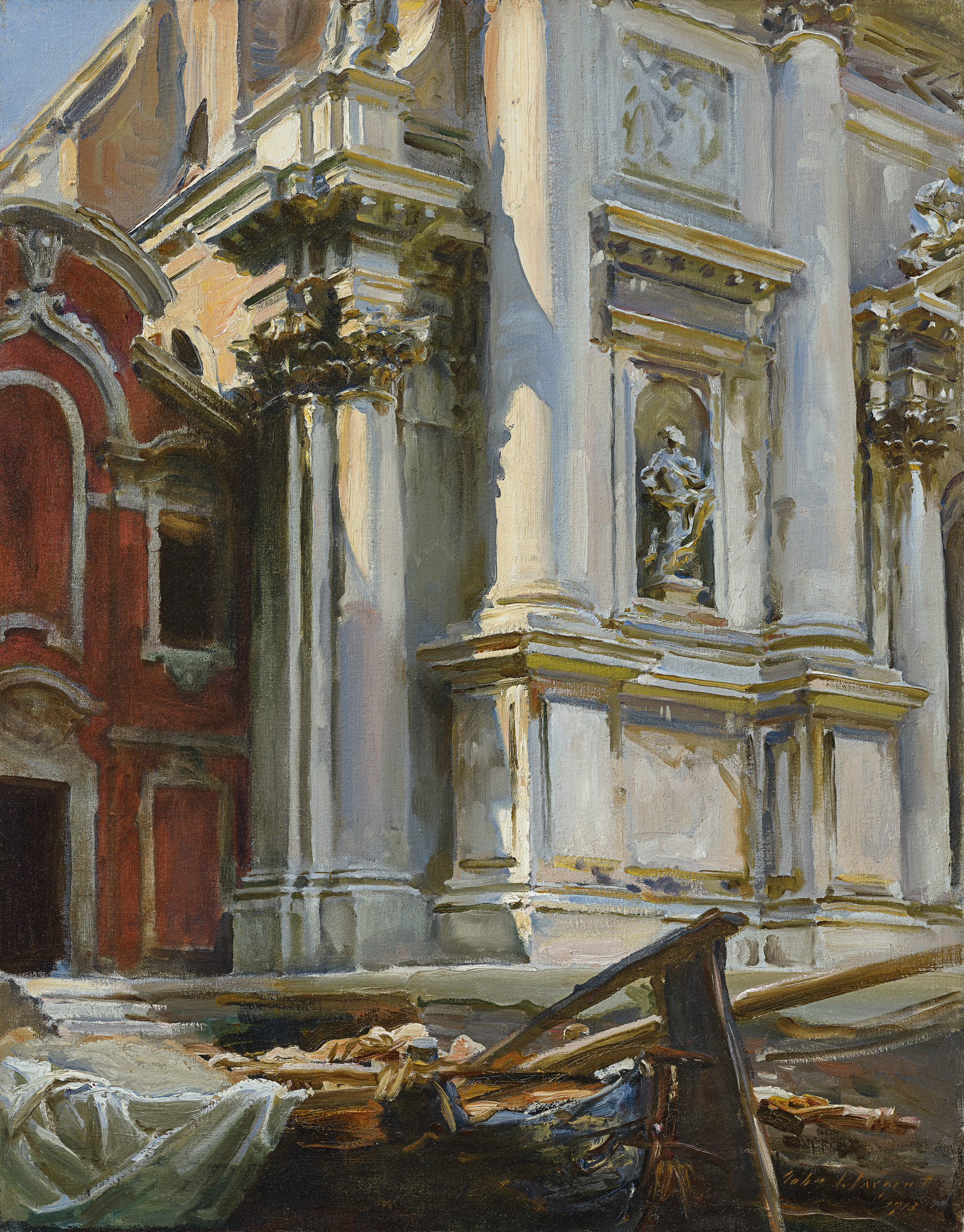 An oil painting depicting a detailed scene of historical buildings in disrepair with construction materials scattered in the foreground.
