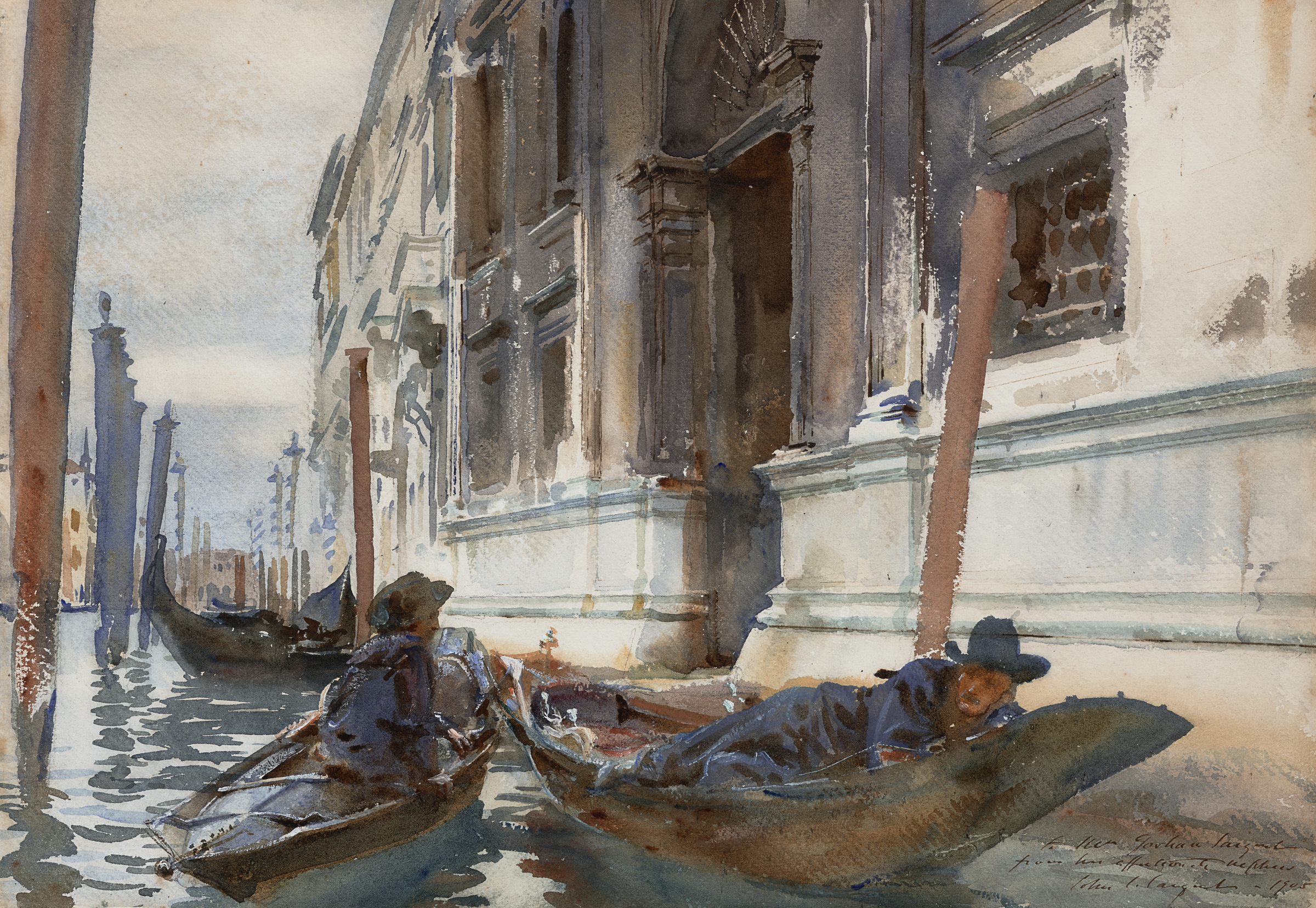 This image depicts a watercolor painting of a sunlit canal with historic buildings and gondolas in Venice.