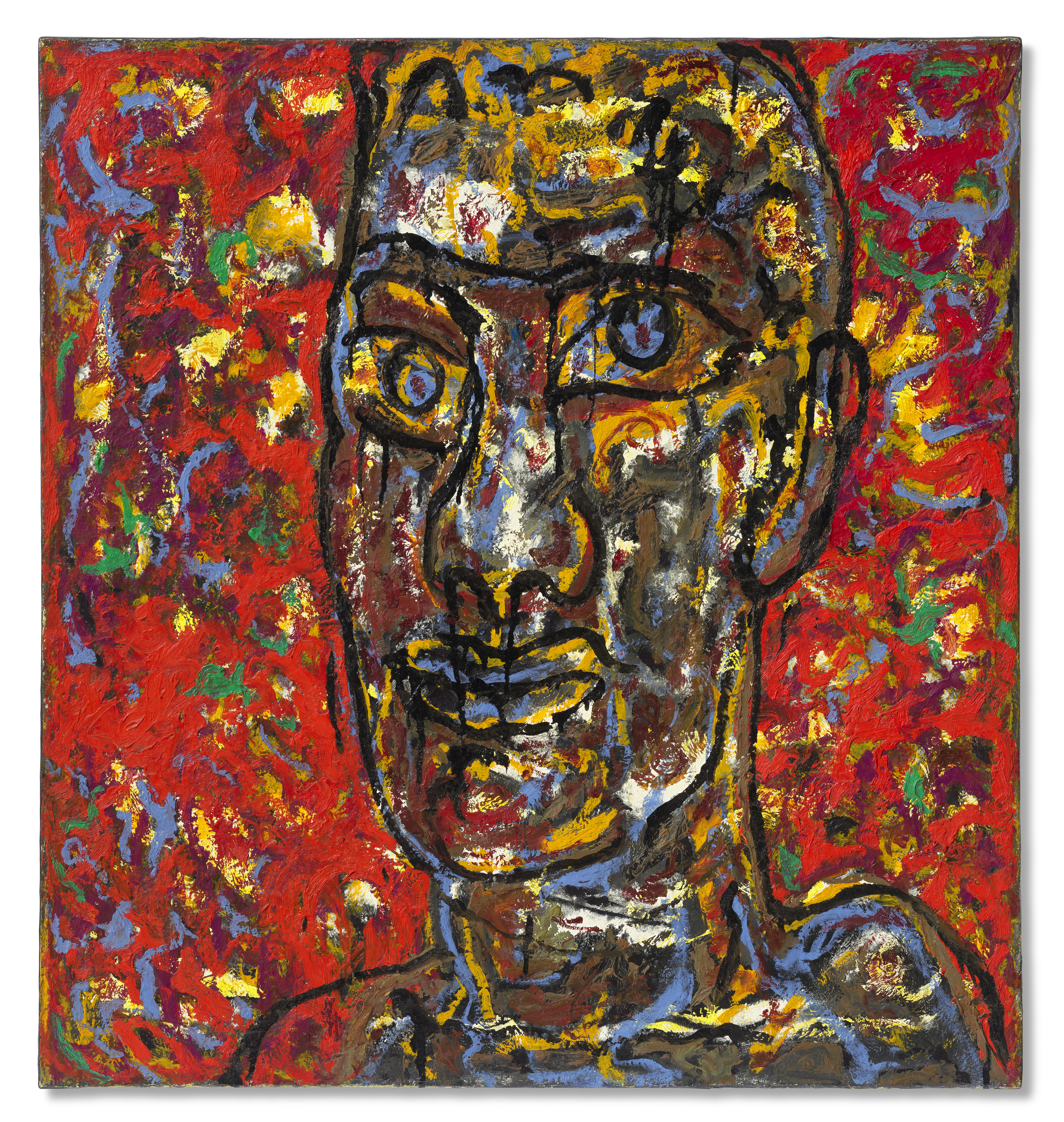 A vivid, expressionist portrait featuring a stylized face with intense, colorful brushstrokes in reds, yellows, and blues.