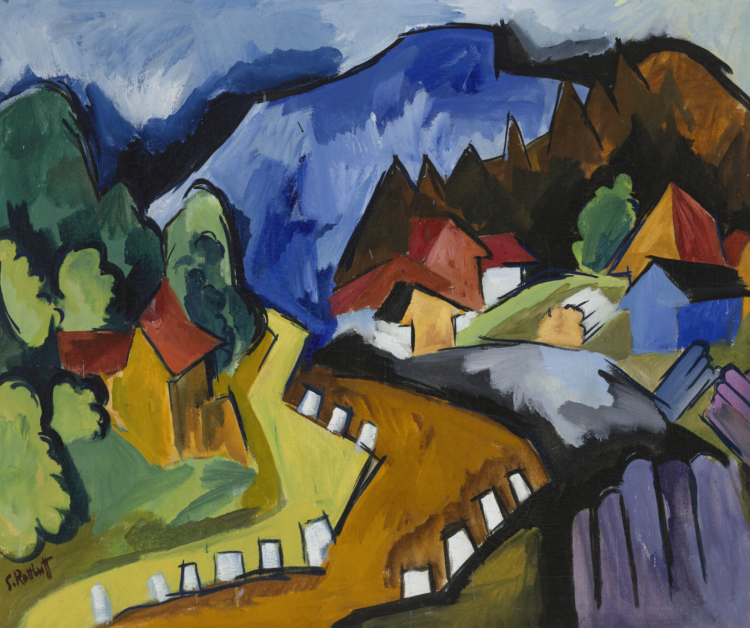 An expressionist painting of a vibrant village among hills with colorful, angular houses and lush greenery.