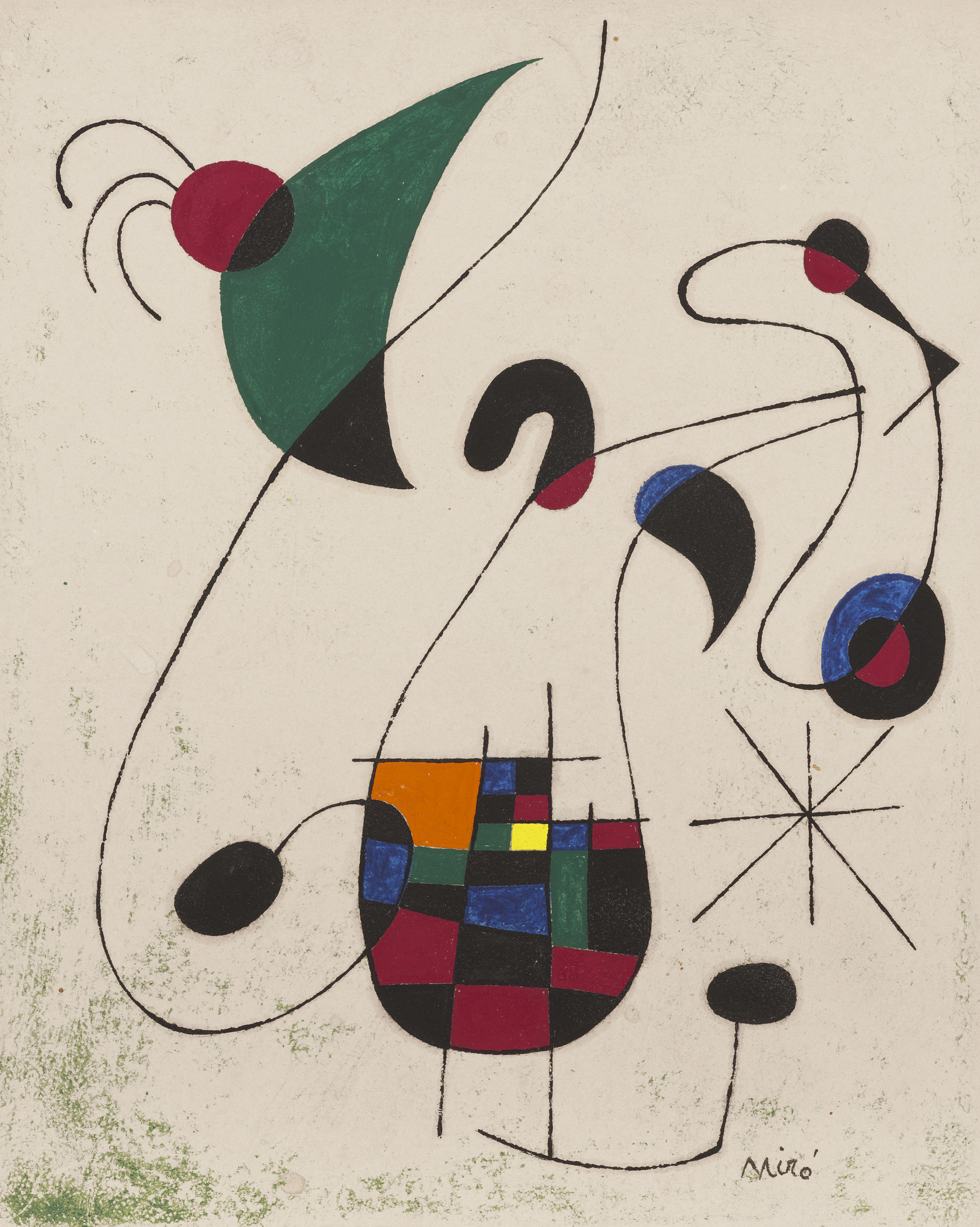 Abstract art featuring curvilinear forms and colorful geometric shapes on a textured background, signed by Miró.