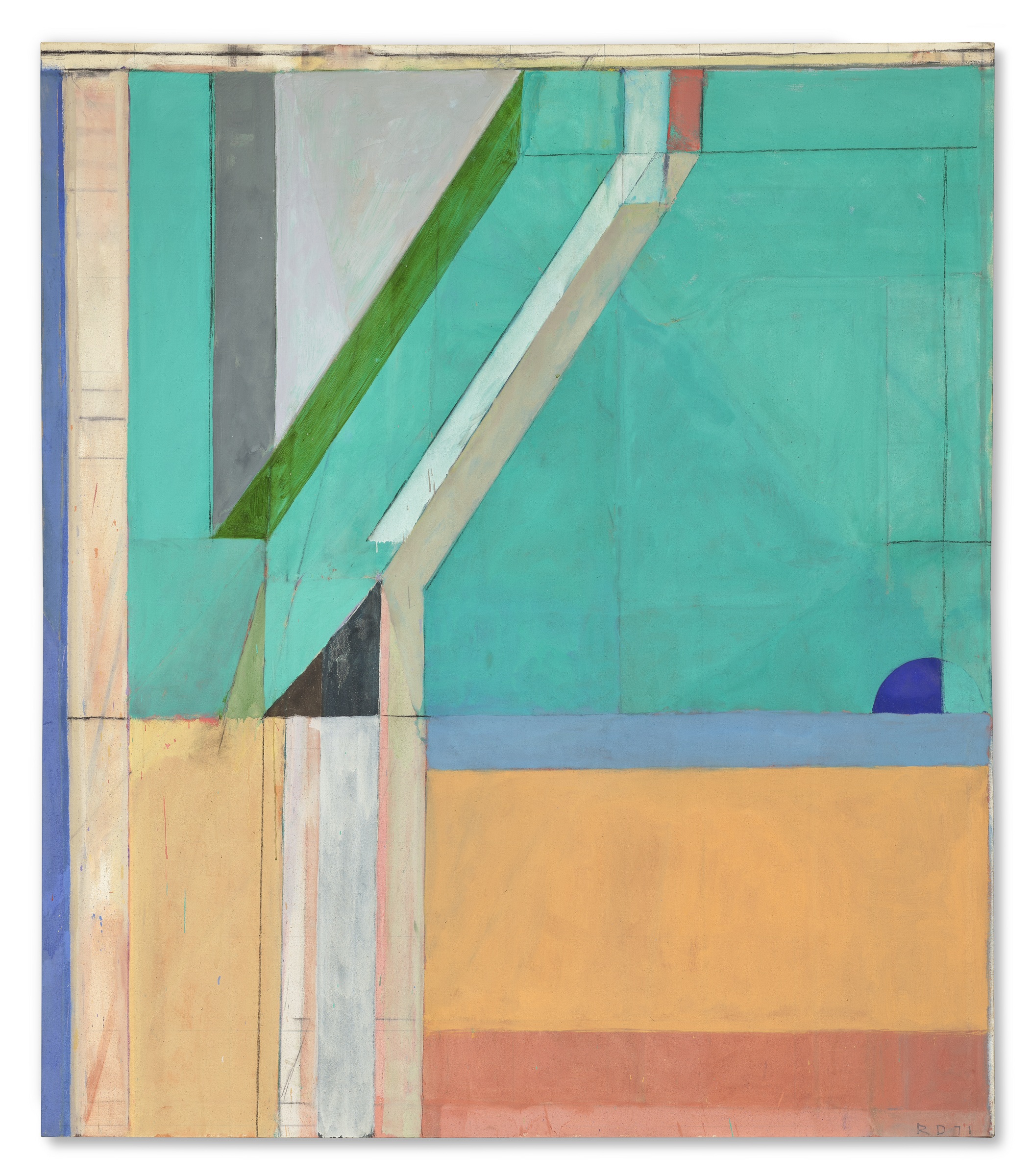 Abstract painting featuring geometric shapes in a palette of teal, green, gray, yellow, and orange, with visible brush strokes and texture.