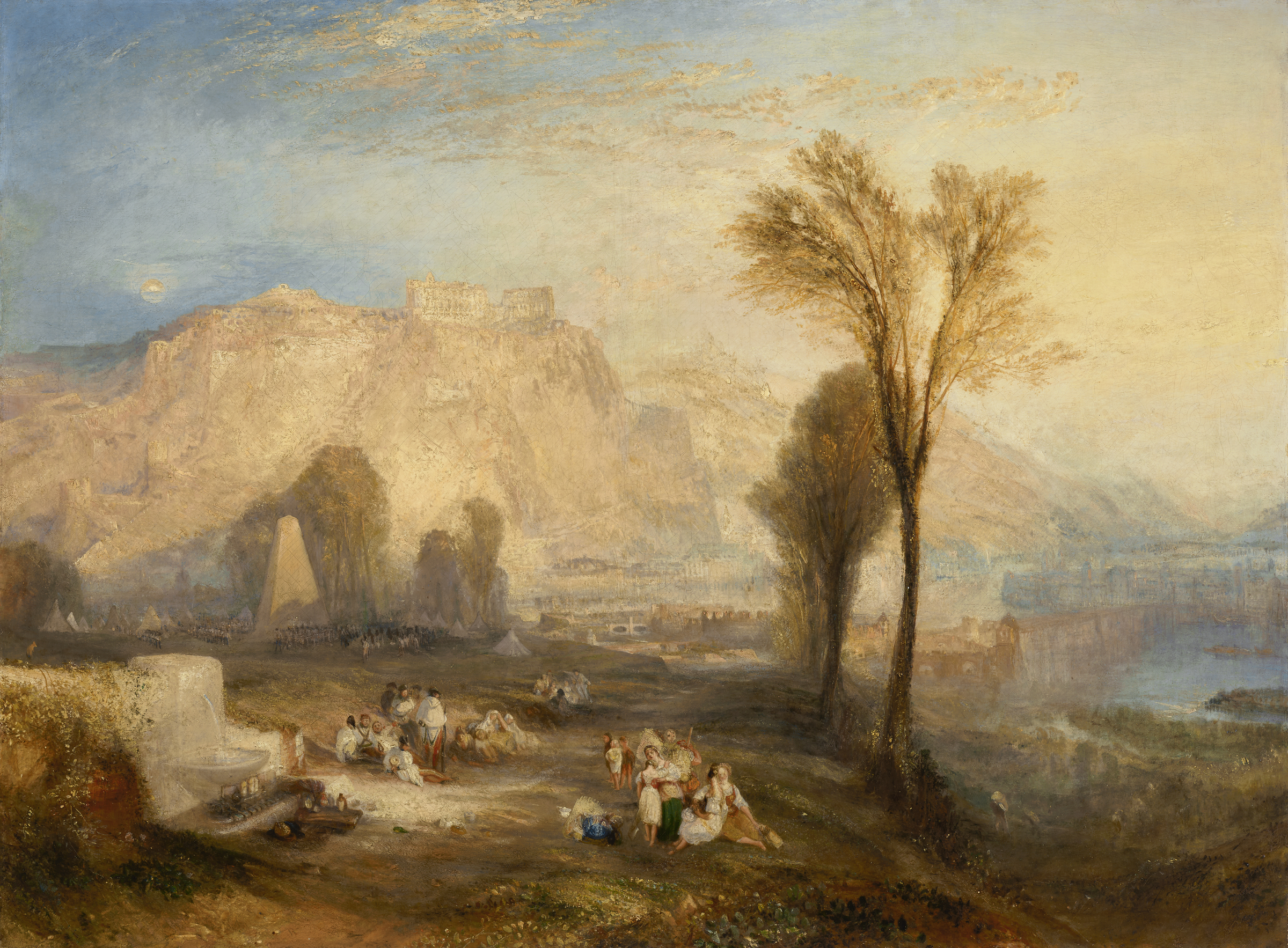 A pastoral landscape painting depicting a sunlit historical fortress on a lofty hill, with figures and livestock near ruins and trees in the foreground.