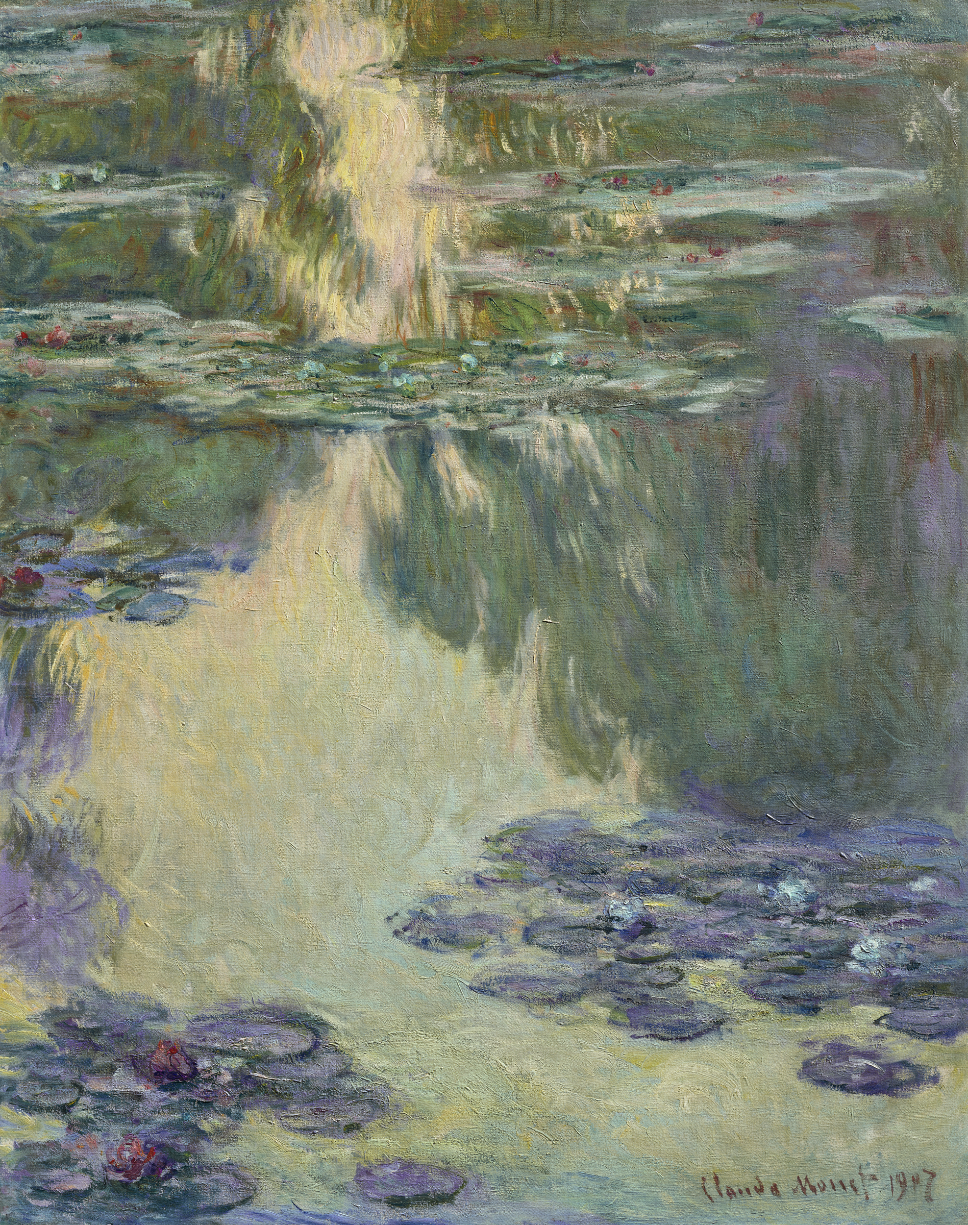 The image depicts an impressionist painting of water lilies floating on a tranquil pond, bathed in soft, reflected light, created by Claude Monet in 1907.