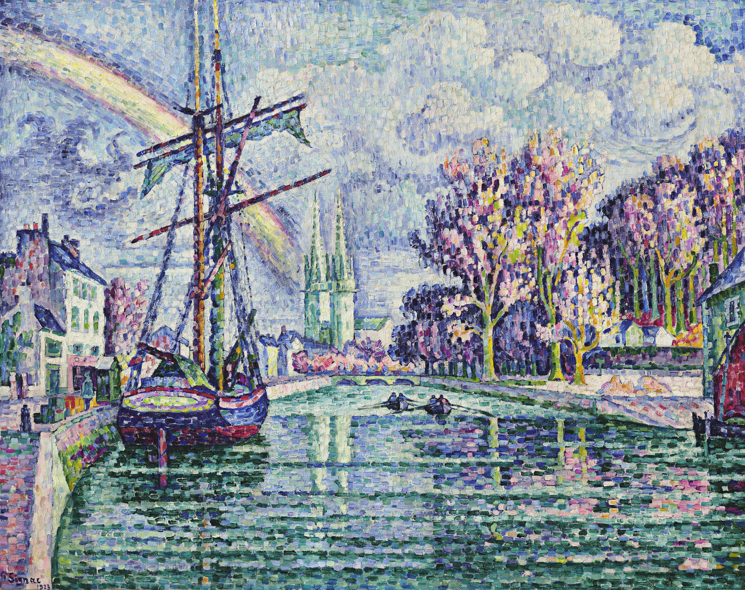 Colorful painting featuring a boat on a river, buildings, trees in bloom, and a church, all under a rainbow.