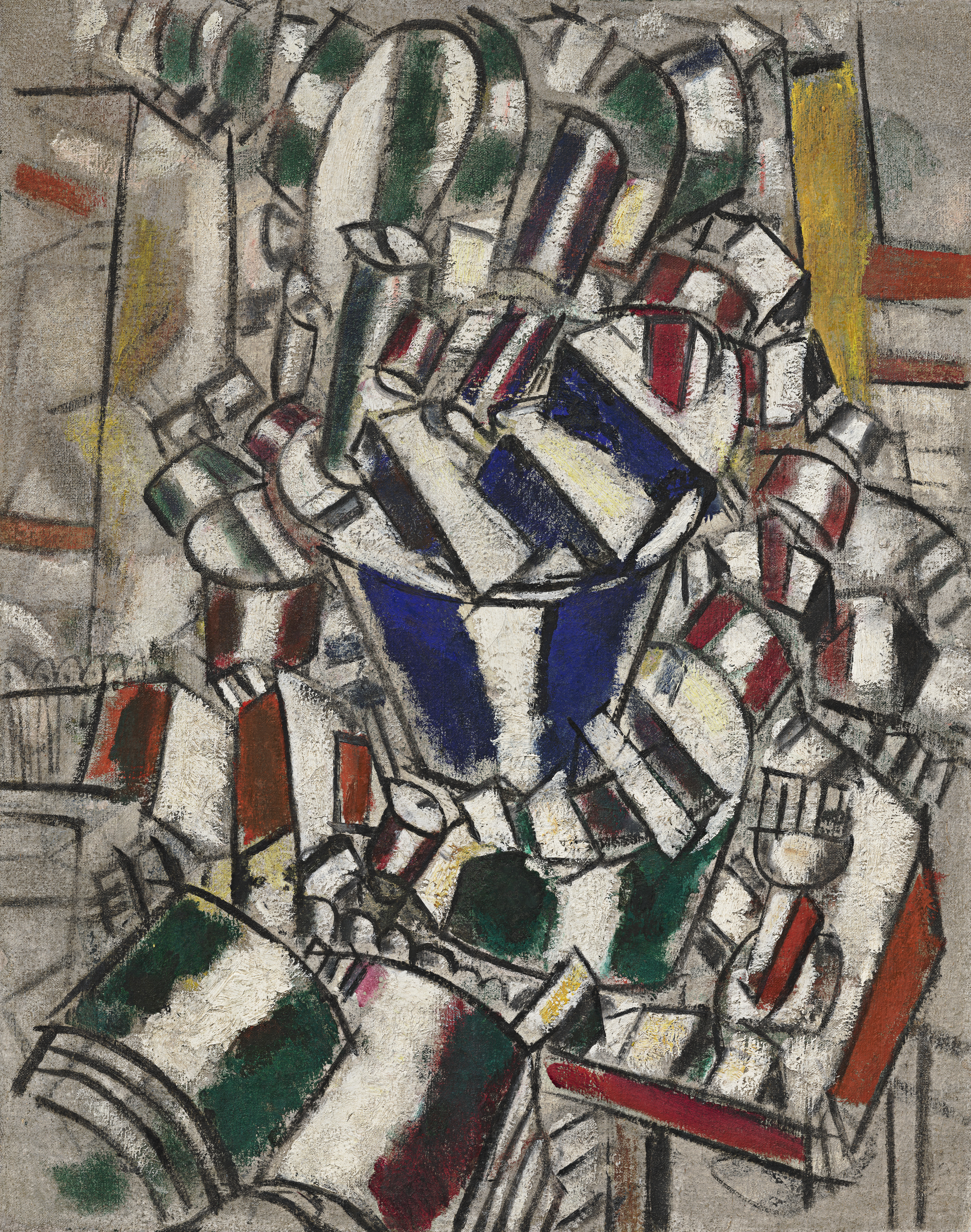 Abstract cubist painting featuring fragmented forms and interlocking shapes in muted colors with hints of blue and red.