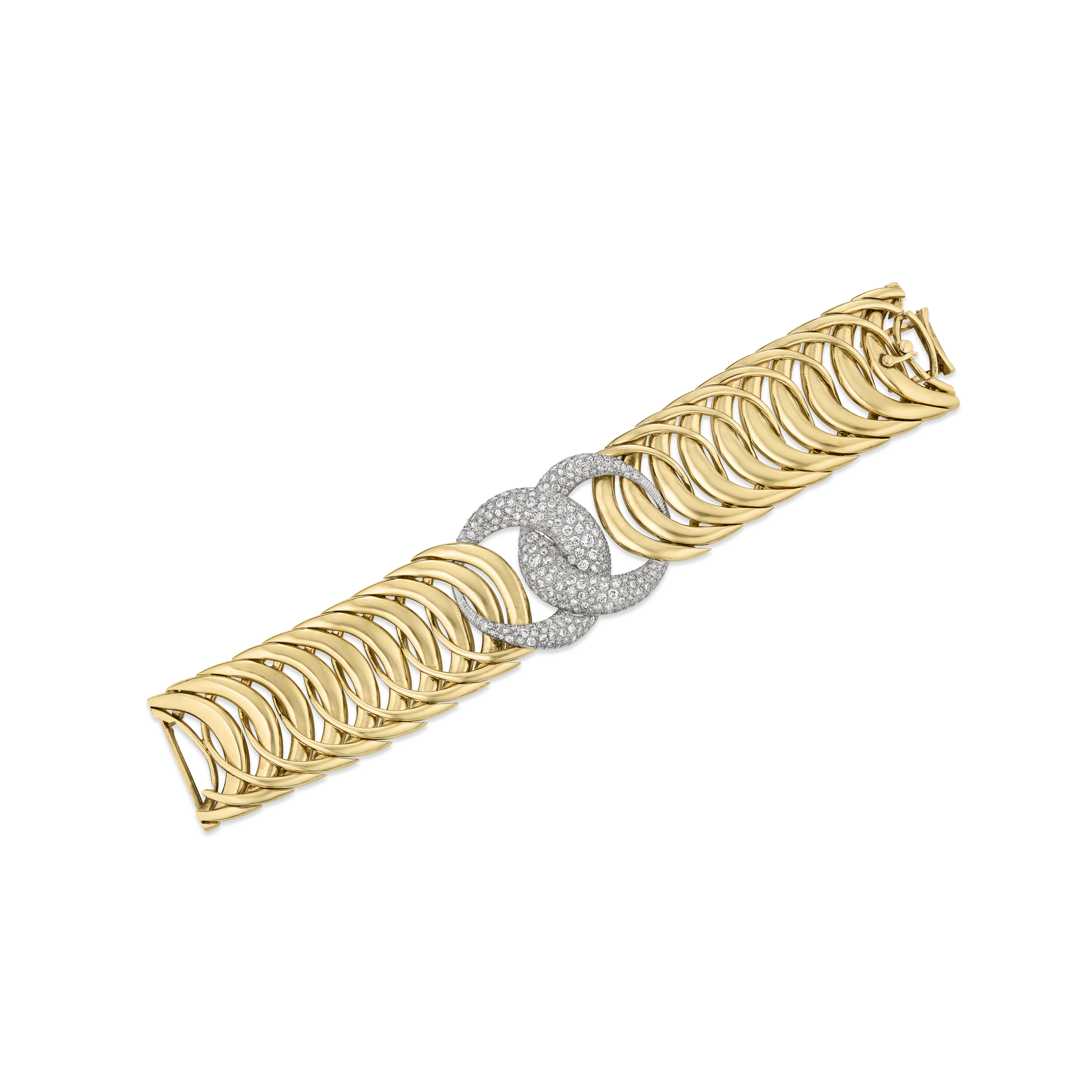 A gold bracelet featuring interlocking links and a central diamond-studded Chanel logo clasp.