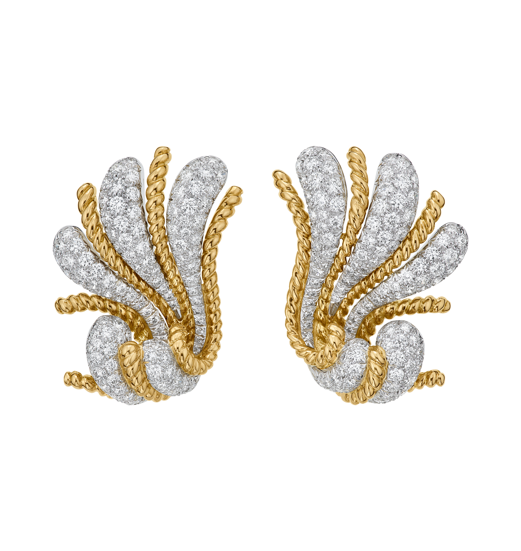 The image shows a pair of ornate earrings featuring intertwined gold and diamond-encrusted swirls in an elegant, fan-like design.