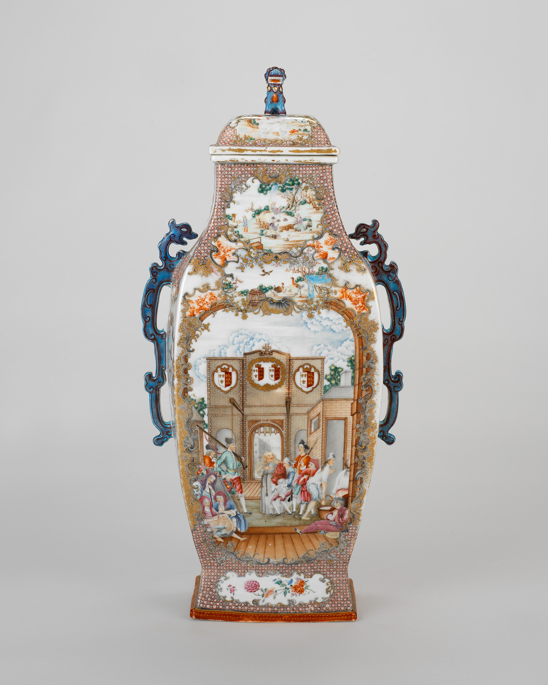 A Qing dynasty porcelain vase, Qianlong period (1736-95), circa 1780, decorated with a copy of William Hogarth's painting O the Roast Beef of Old England ('The Gate of Calais')