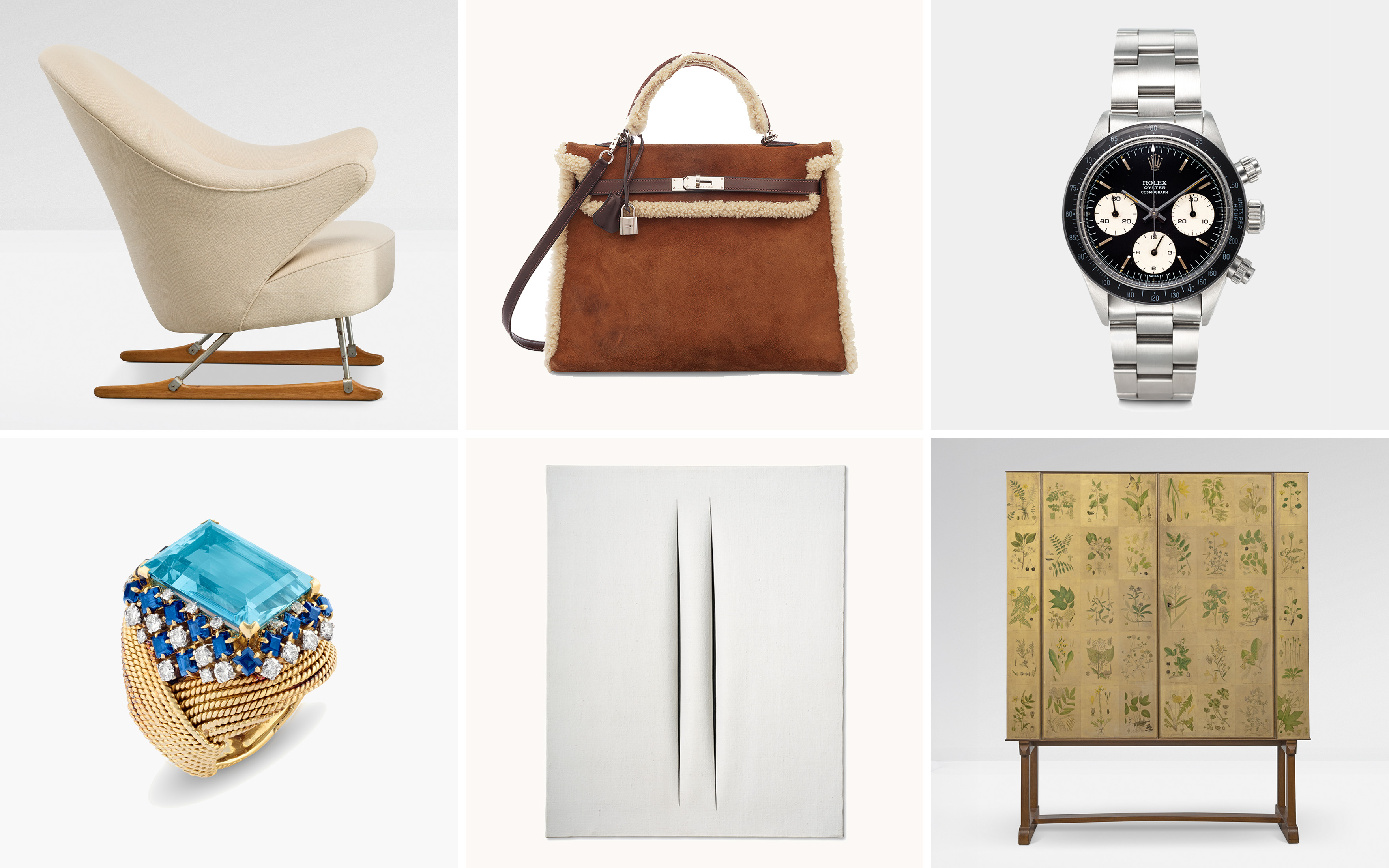The image shows a grid with a chair, handbag, watch, ring, abstract art, and decorative cabinet.