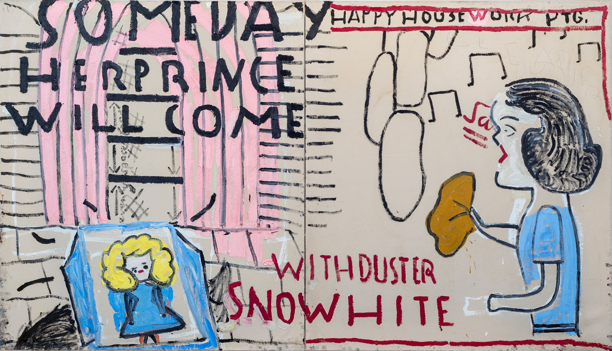 Rose Wylie, Snowwhite (3) with Duster, 2018, on show in Rose Wylie at the Royal Academy of Arts, London