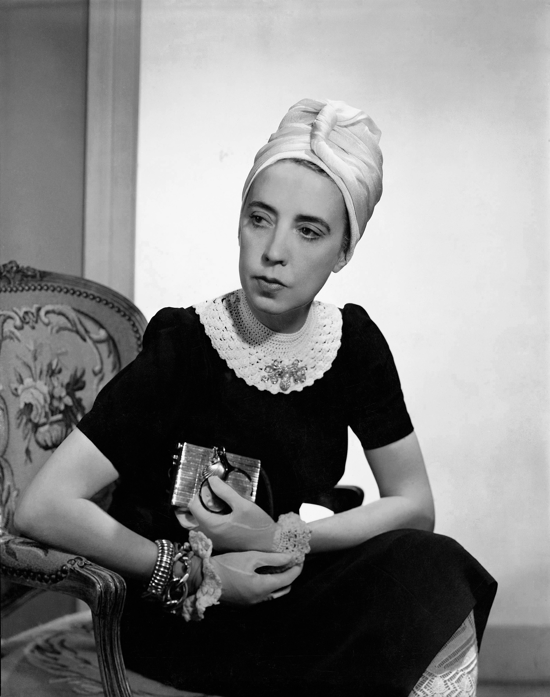 Designer Elsa Schiaparelli photographed for Vogue, 1940, on show in Schiaparelli: Fashion Becomes Art at the V and A South Kensington