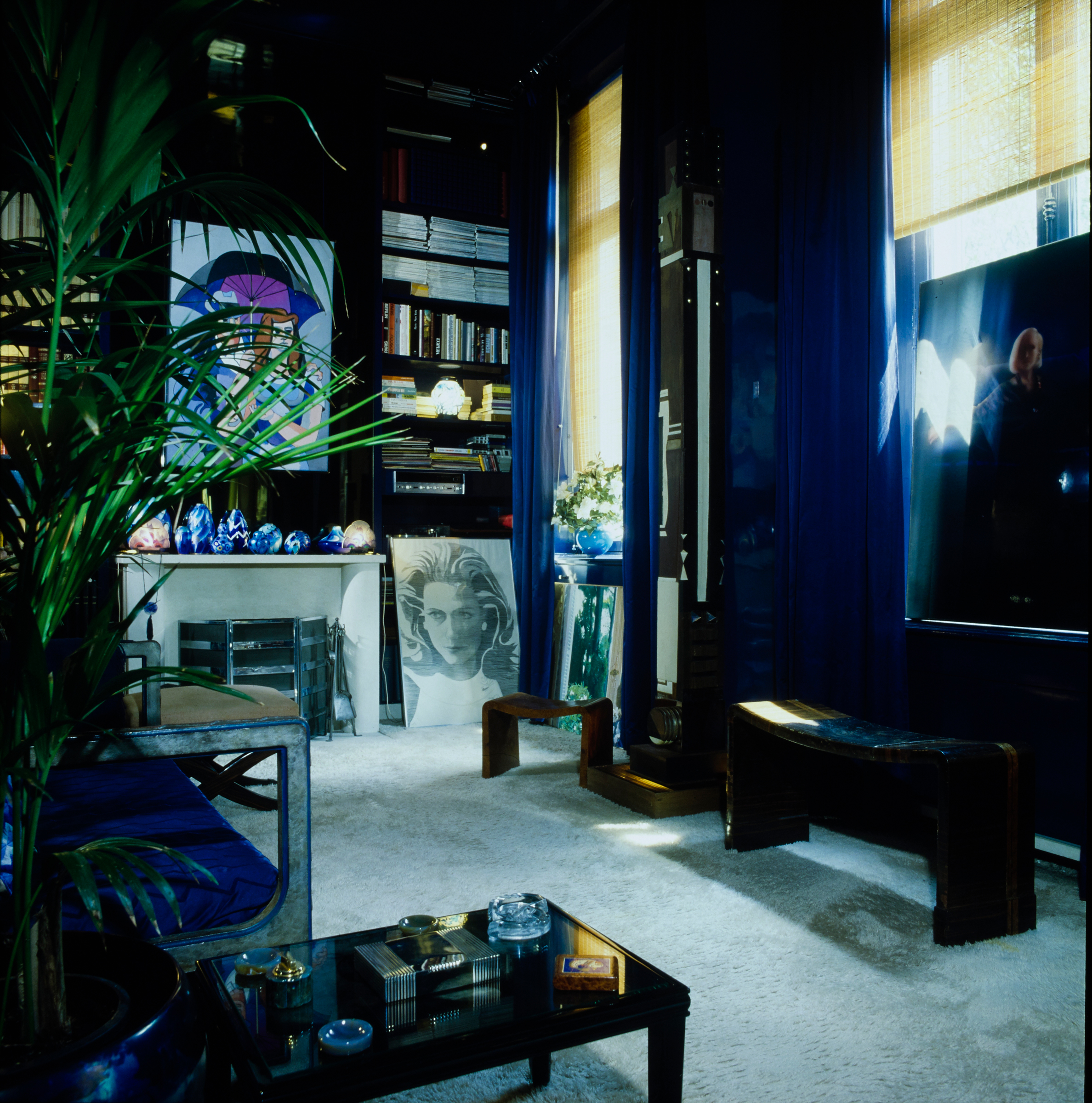 A stylish living room features deep blue décor, bookshelves, indoor plants, artwork, and natural light from tall windows with blinds.