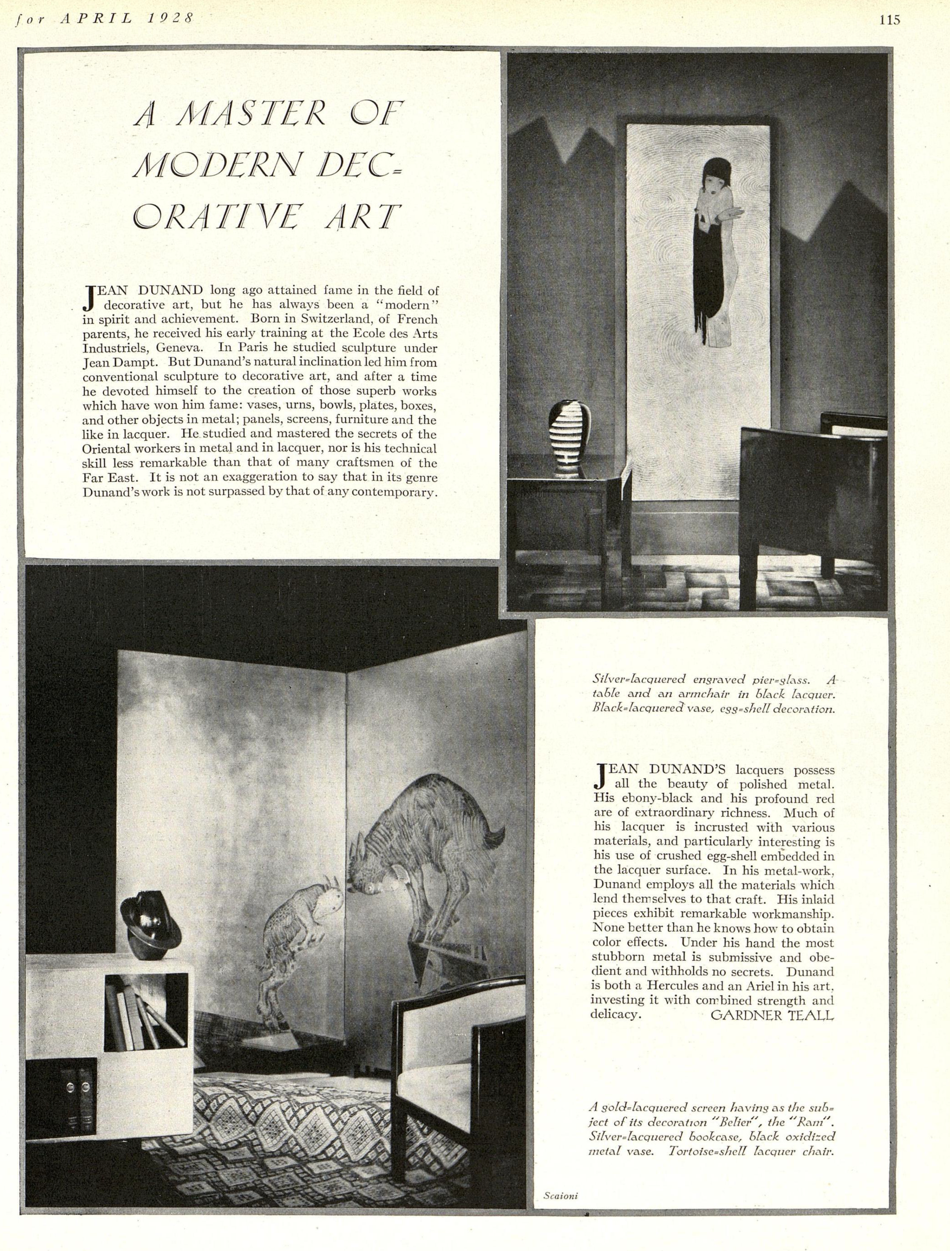 The image is a magazine page from April 1928 featuring Jean Dunand's modern decorative art with photos of lacquered furniture and wall panels.