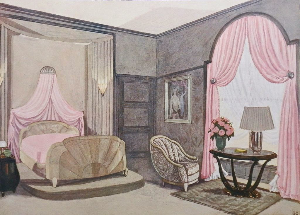 An elegant vintage bedroom features pastel pink curtains, a matching canopy bed, and an ornate armchair with a flower arrangement on a table.
