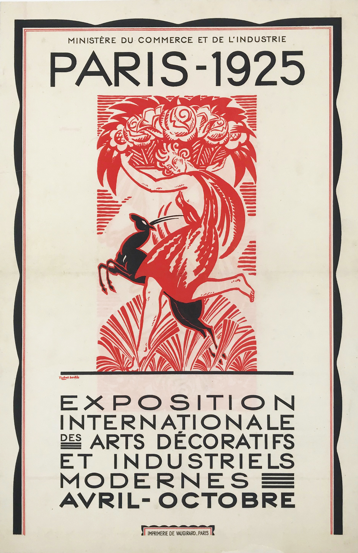 A vintage poster advertises the 1925 Paris International Exhibition of Modern Decorative and Industrial Arts, featuring an Art Deco design.