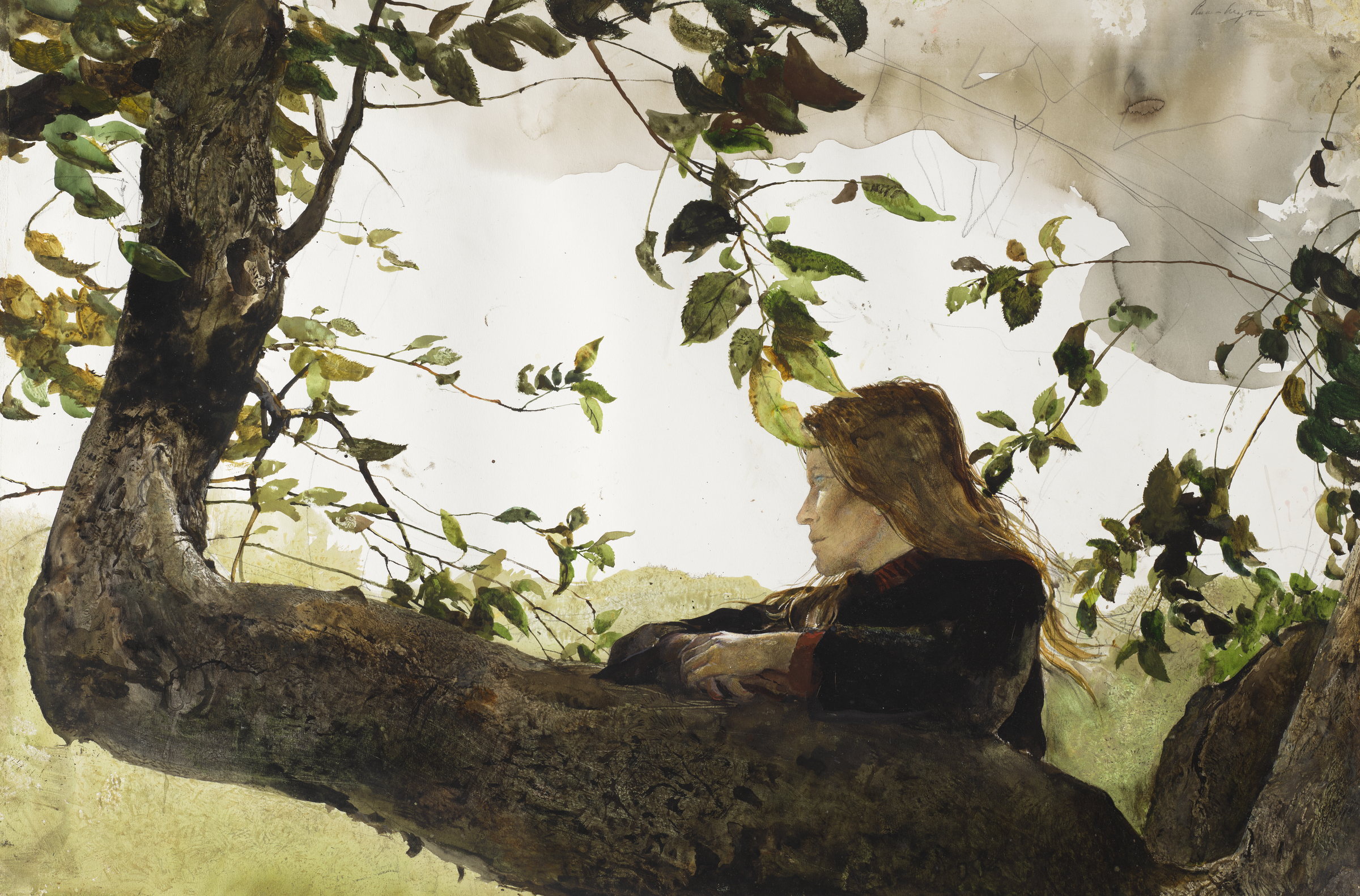 A person with long blonde hair sits on a large tree branch surrounded by green leaves.