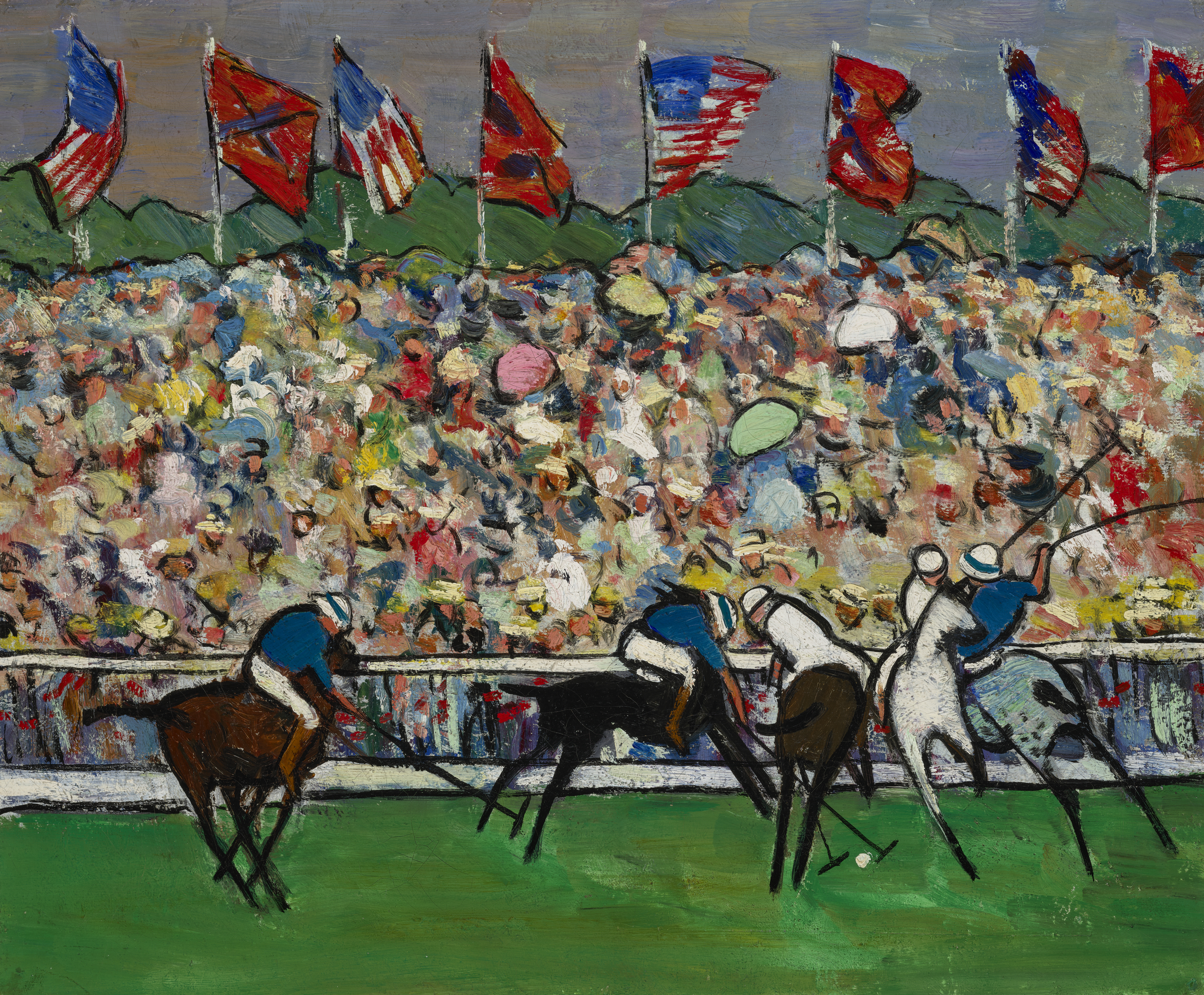 Four polo players compete on a field before a colorful, crowded grandstand with waving flags.