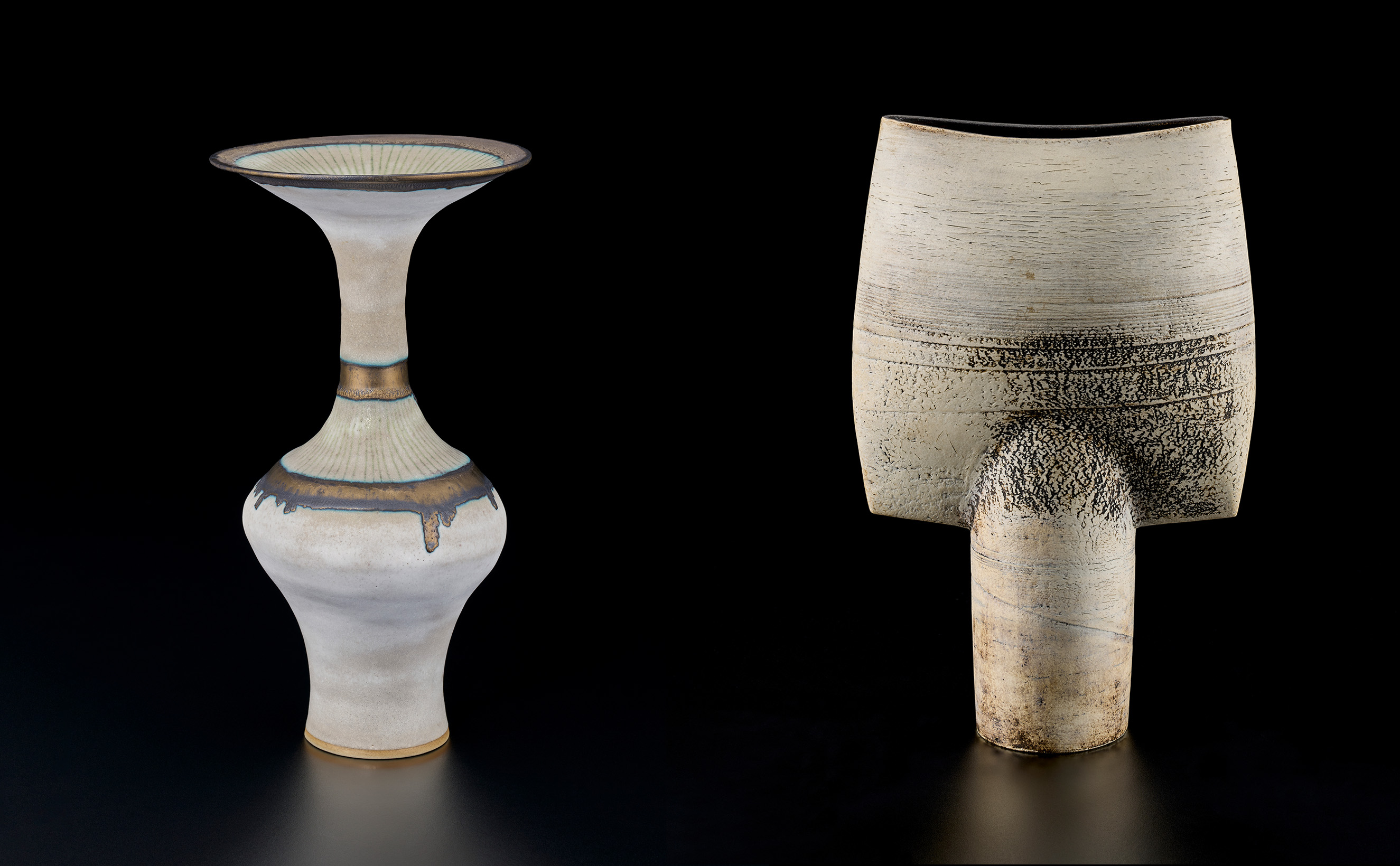 Left: Dame Lucie Rie, Small footed squeezed bowl. Right: Hans Coper, Composite form with central disc. Both offered in the Modern British and Irish Art Day Sale on 20 March 2025 at Christie’s in London