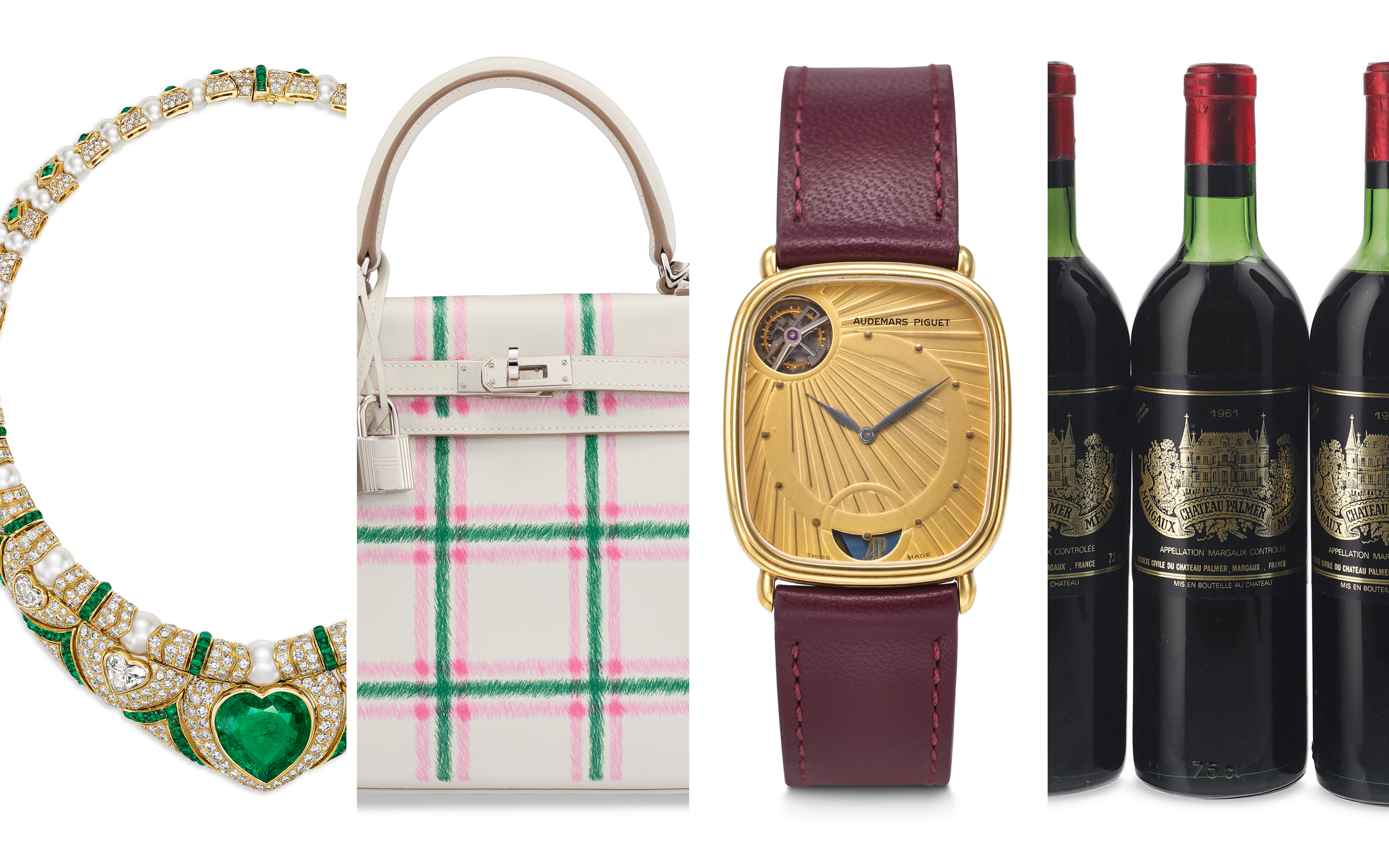 The image shows a luxurious necklace, a designer handbag, a gold wristwatch, and three bottles of red wine side by side.