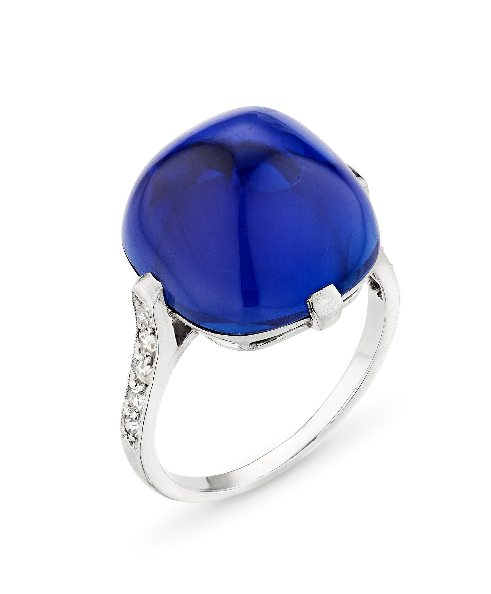 A silver ring featuring a large, polished blue gemstone and small white accent stones on the band.
