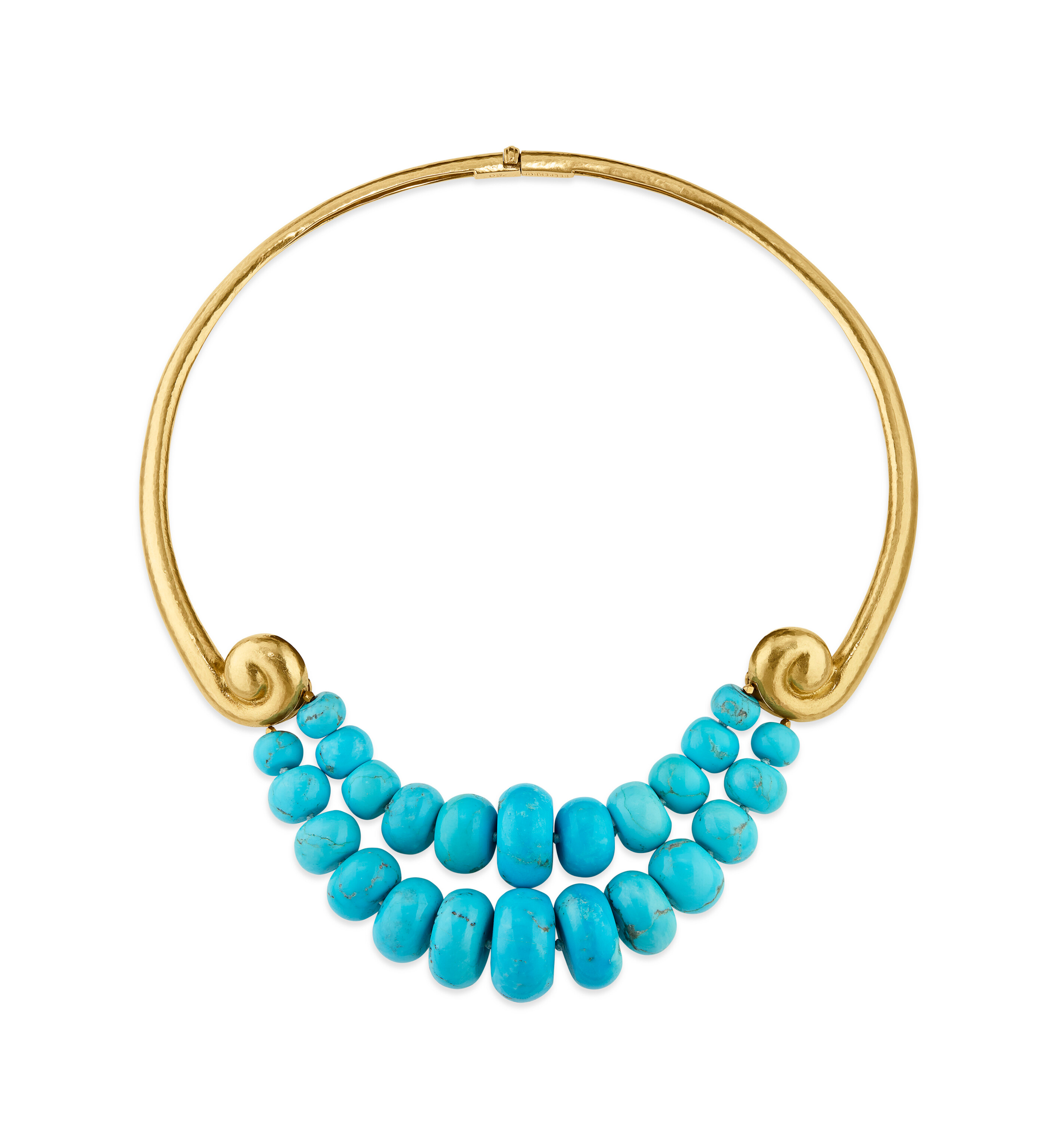 A gold necklace features two spiral ends and three rows of large turquoise beads arranged in a semi-circle at the center.