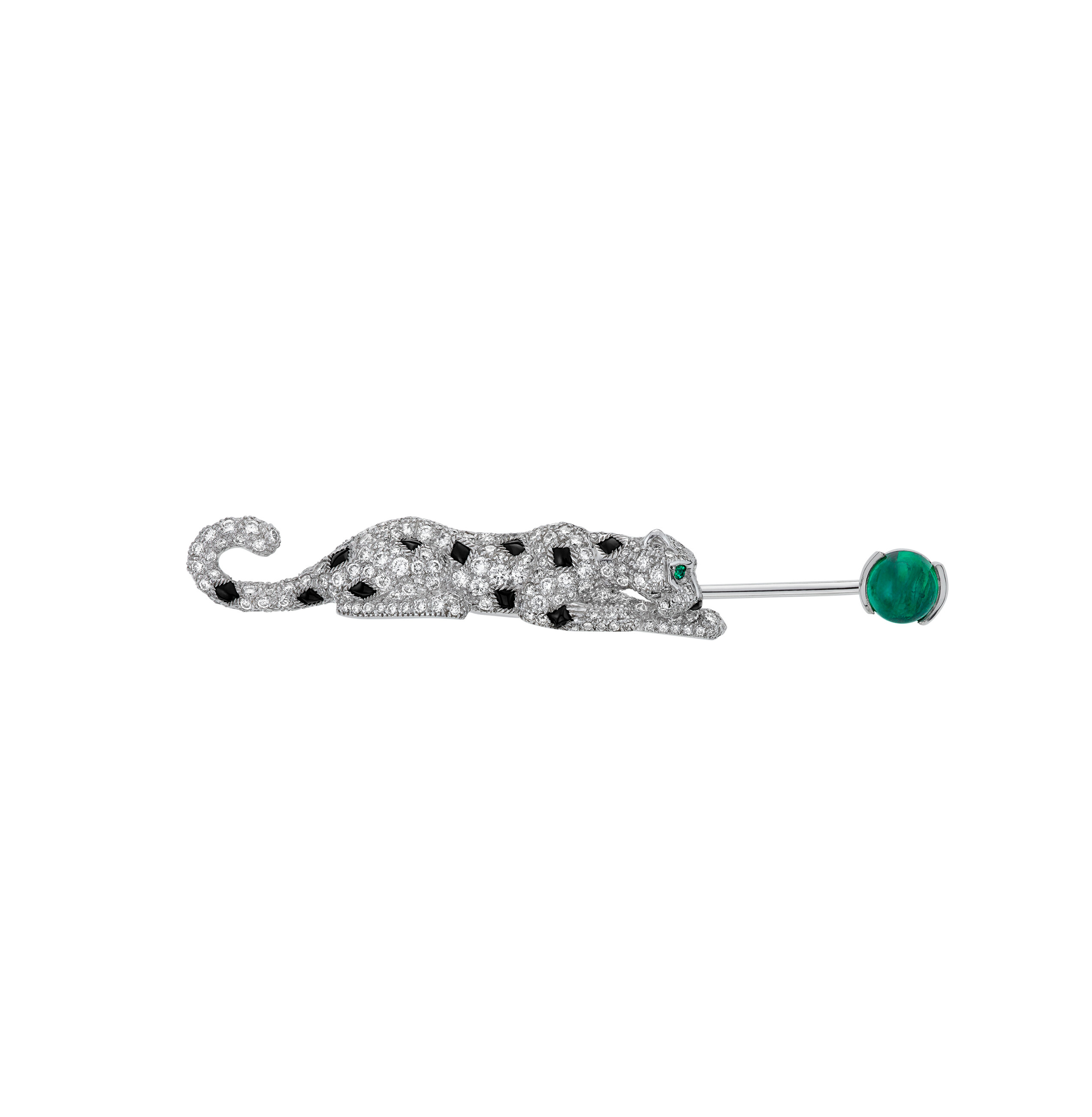 A jeweled brooch shaped like a panther lying down, adorned with diamonds, black spots, and a green gemstone at the end.