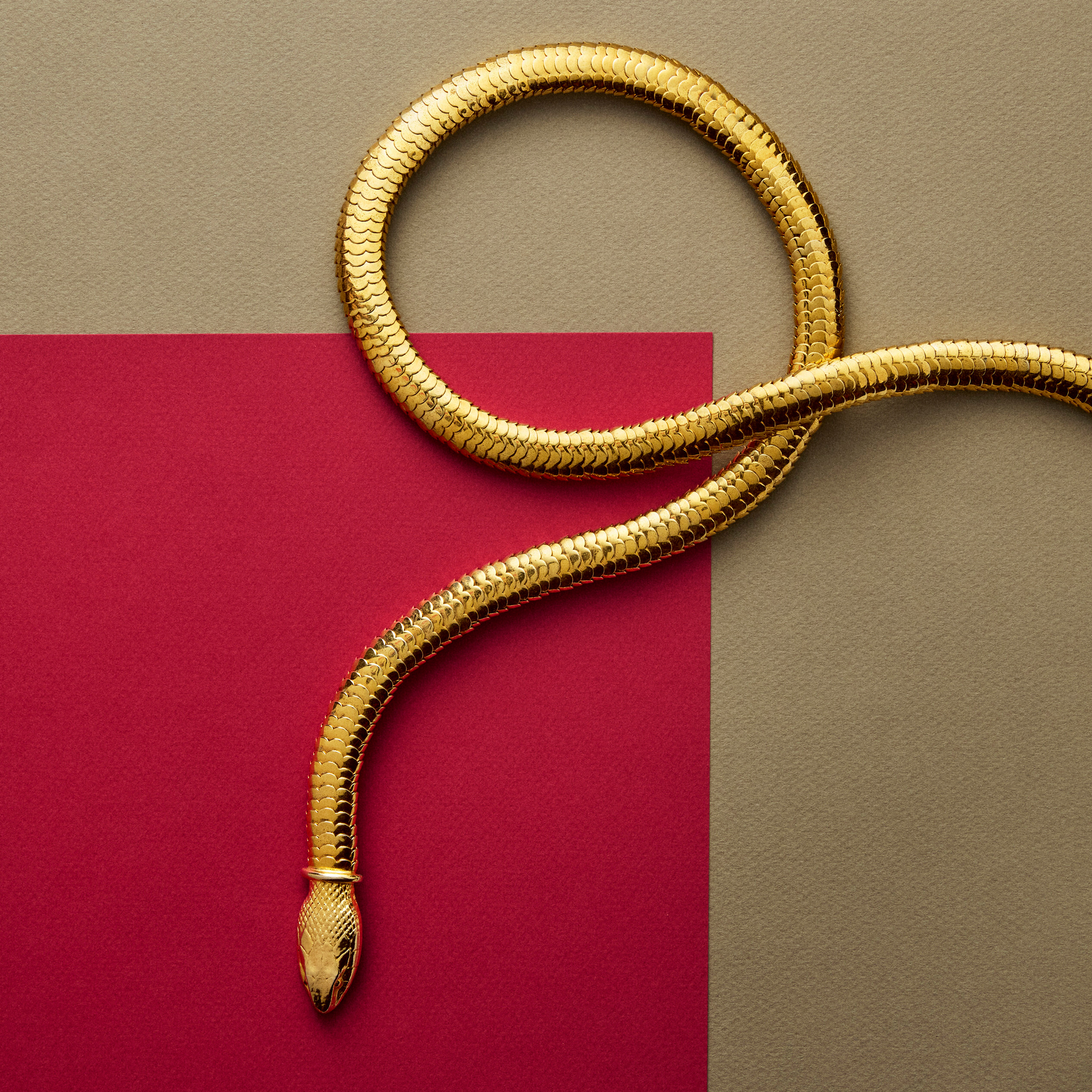 A gold snake-shaped necklace is arranged artistically on a red and beige textured background.