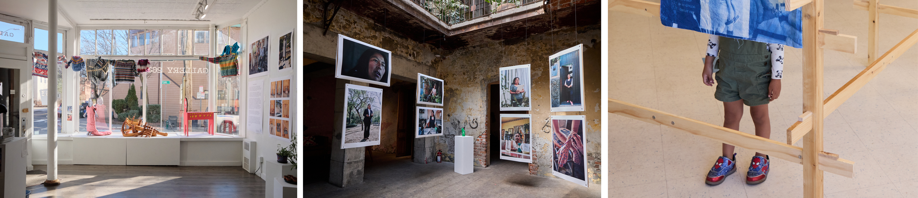 Three art exhibition spaces display photographs, artwork, and installations in creative settings.