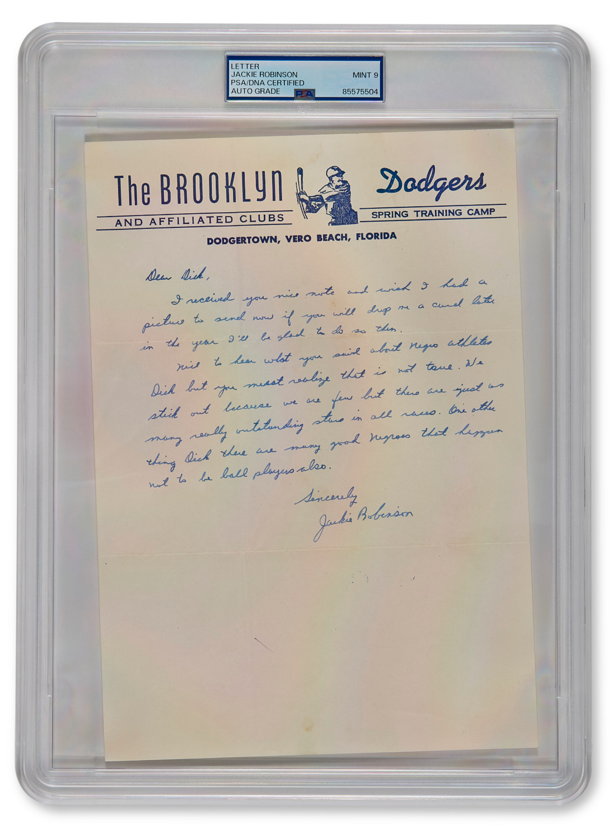 A handwritten letter from Jackie Robinson on Brooklyn Dodgers stationery is encased and PSA/DNA certified with a Mint 9 auto-grade.