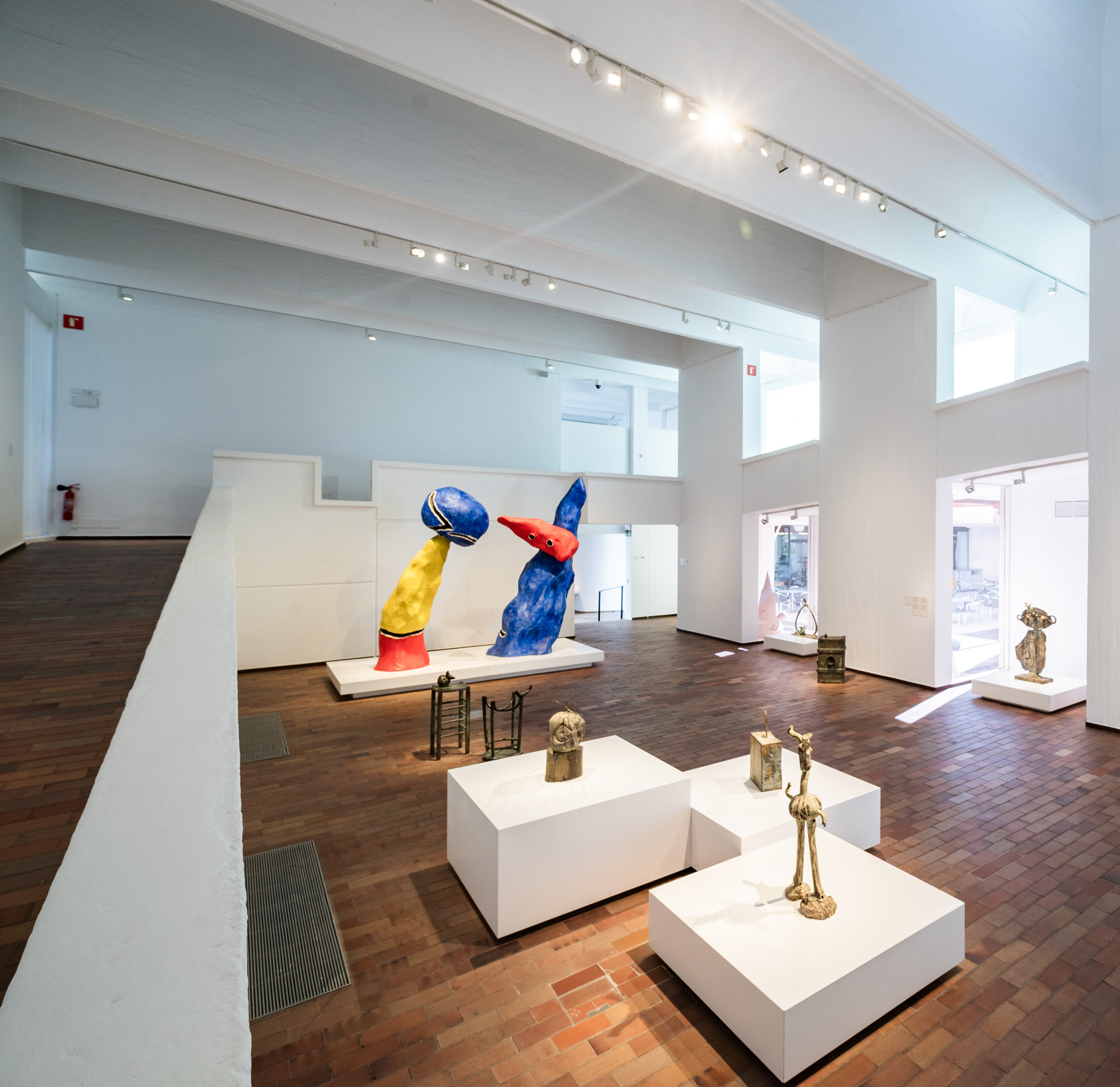 Works by Joan Miro on show at the foundation, clockwise from rear left: Couple d'amoureux aux jeux de fleurs d'amandier (Pair of Lovers Playing with Almond Blossoms), 1975; Bird on a branch, 1981; Femme (Woman), 1969; Personnage et oiseau (Figure and Bird), 1968; L’Equilibriste (The Acrobat), 1969; L'Horloge du vent (The Wind Clock), 1967; Tete et oiseau (Head and bird), 1966; Homme et femme dans la nuit (Man and woman in the night), 1969