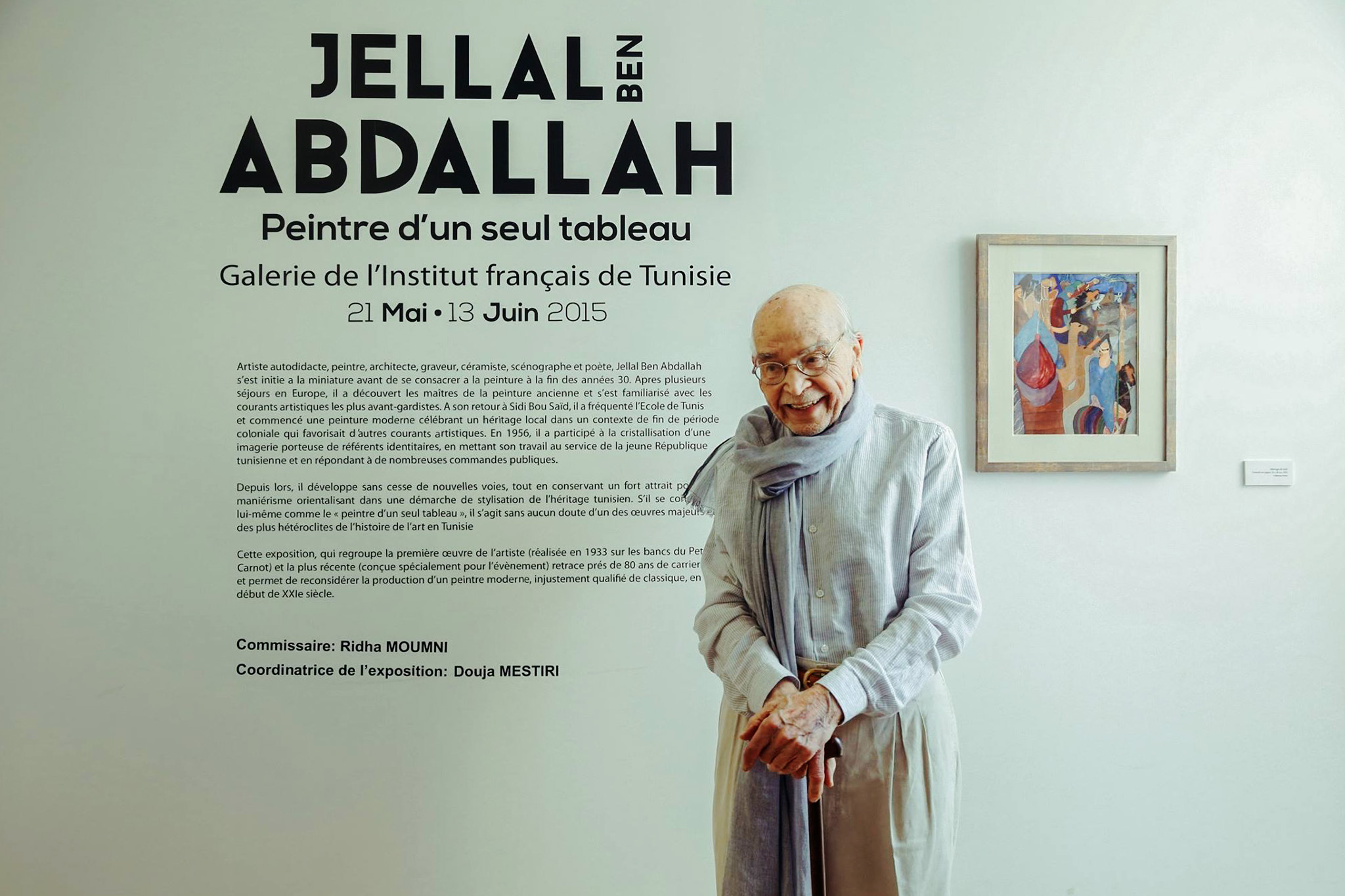 The artist Jellal Ben Abdallah at his exhibition, Peintre d'un seul tableau, curated by Dr Moumni at the French Institute of Tunisia in 2015