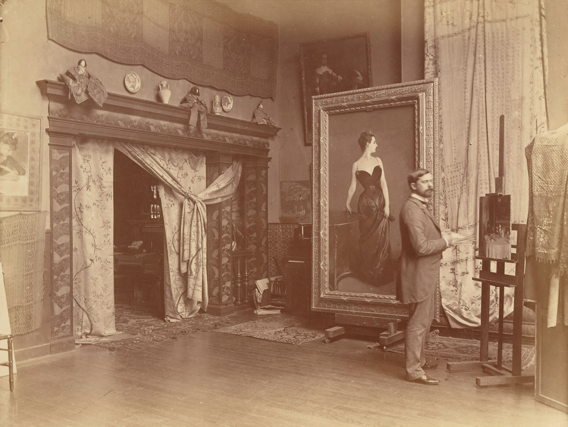 John Singer Sargent in his Paris studio, mid-1880s. Behind him is Madame X, his portrait of the socialite Virginie Amelie Avegno Gautreau, which caused controversy at the Paris Salon of 1884
