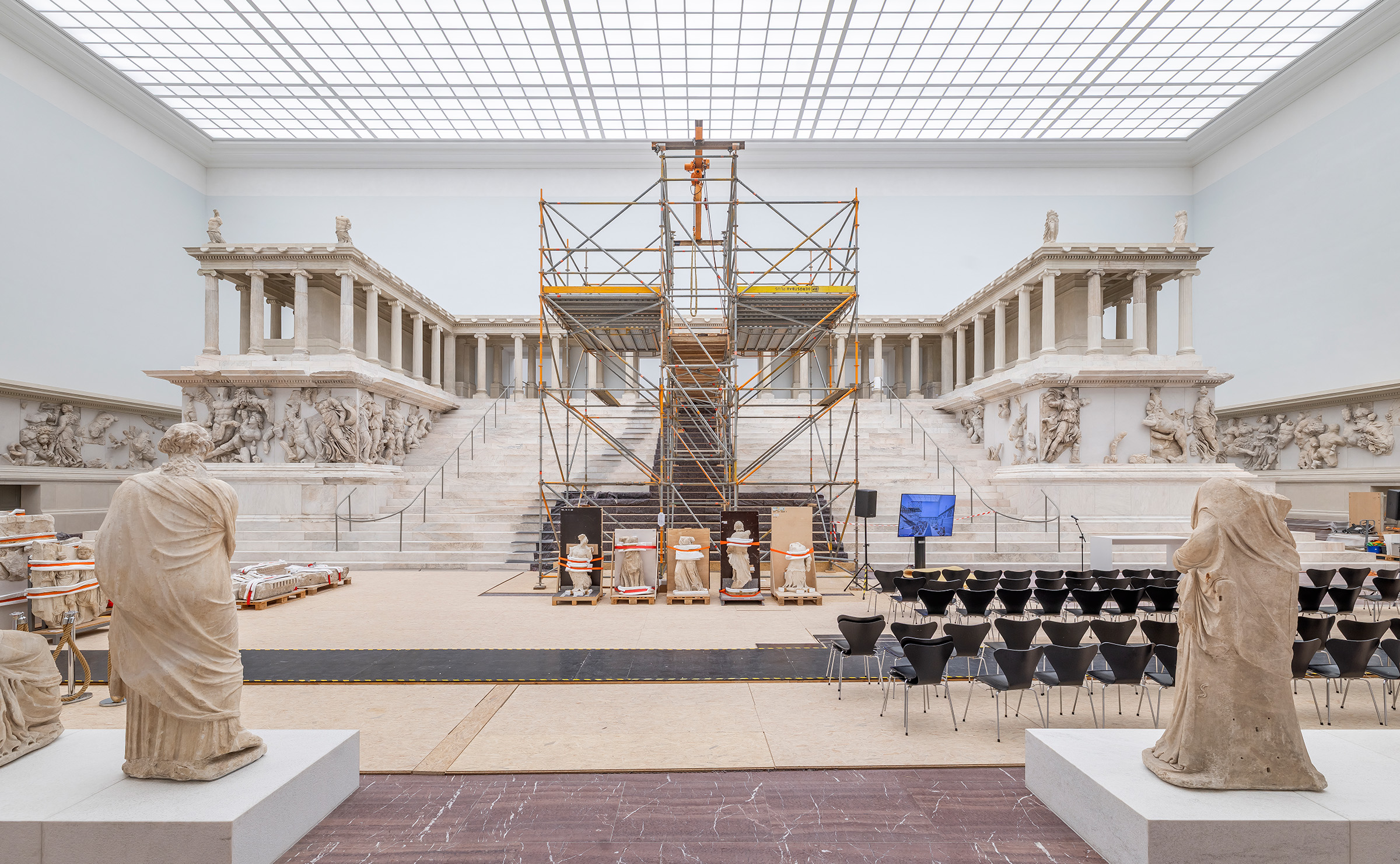 The famous Pergamon Altar, a spectacular reconstruction of an ancient site, which gives the Pergamon Museum its name. Work is in progress ahead of the museum's partial reopening in 2027; it will reopen fully a decade later, with the addition of a new wing