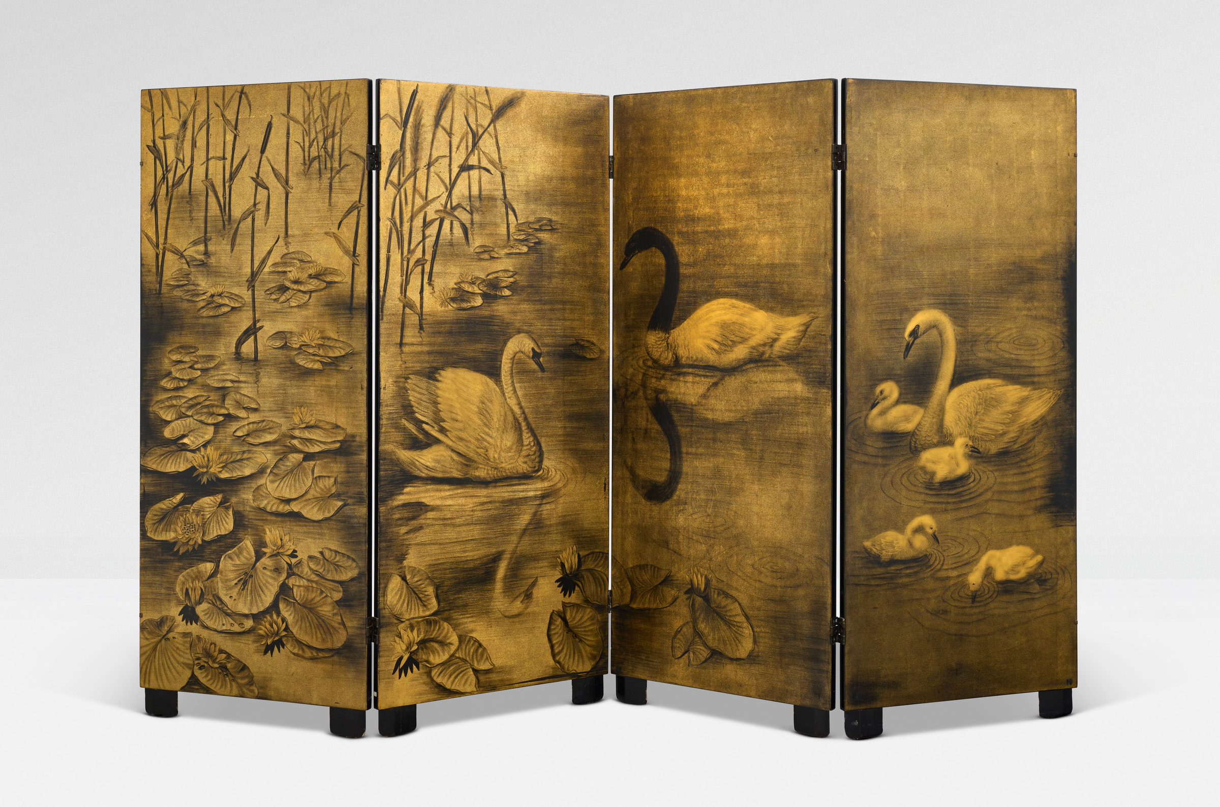 Jean Dunand, Les Cygnes four-leaf screen, circa 1932, offered in Mathilde and Friends in Paris, 26 January to 4 February 2026 at Christie's Online