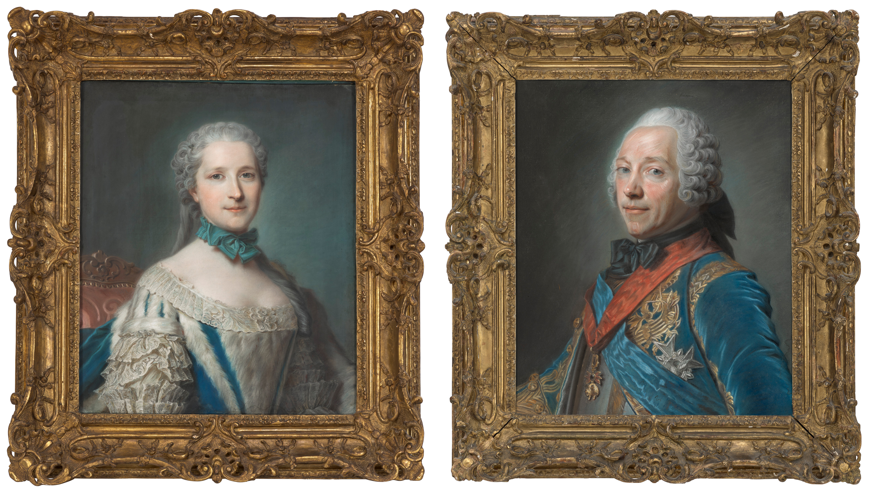 Two ornate framed paintings show a woman in a blue dress and a man in blue and gold attire.