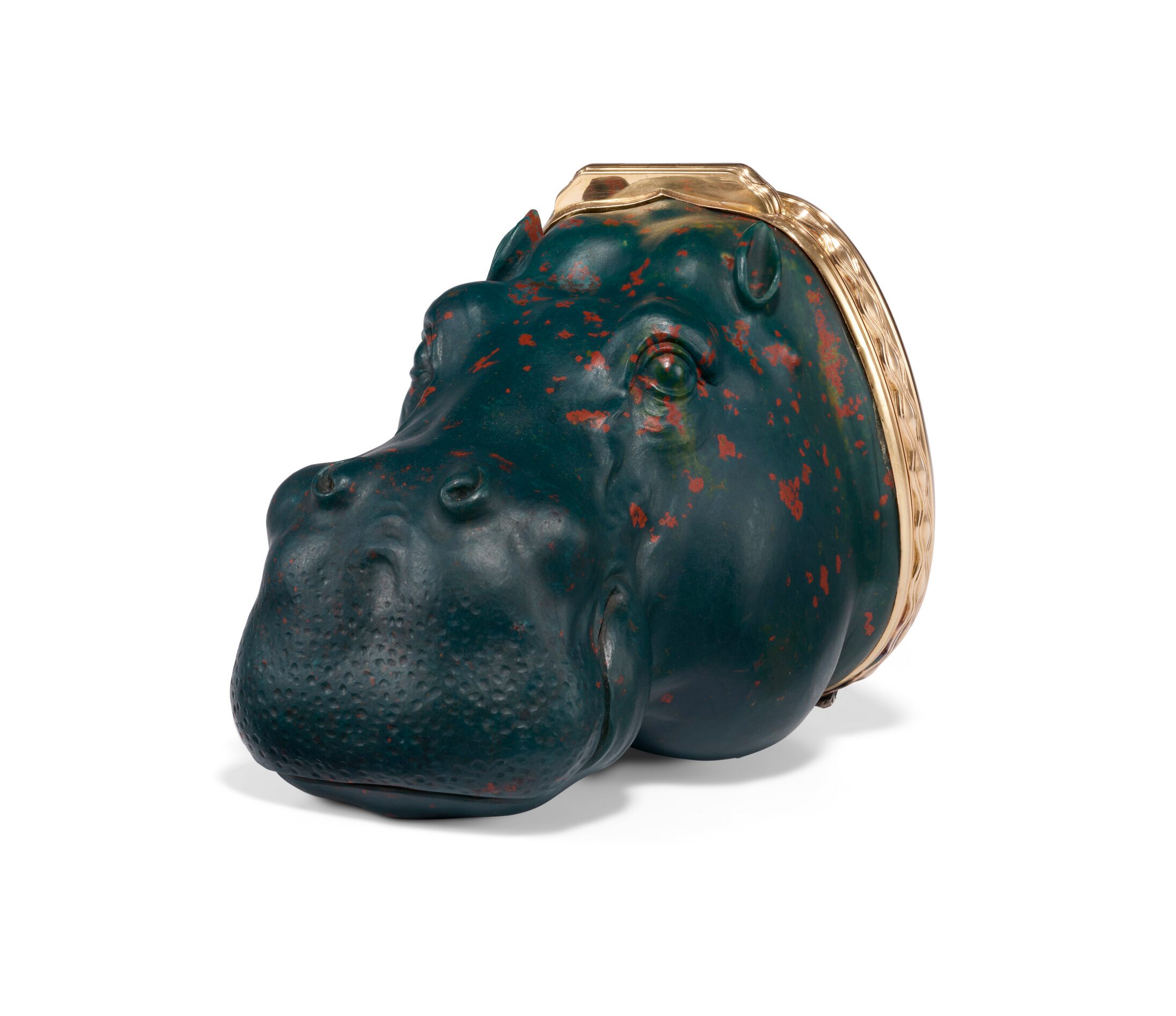 A decorative green hippo head sculpture with gold accents on the top and side.