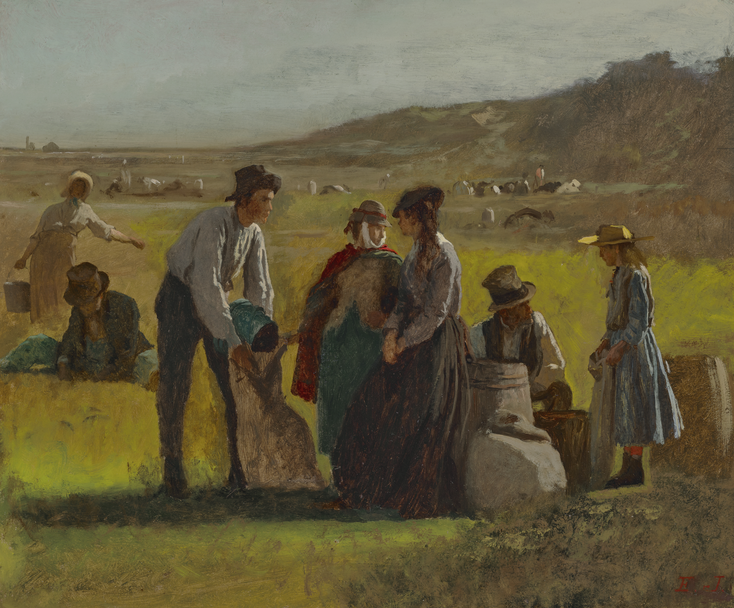 A group of people are harvesting and working in a sunlit rural field with distant grazing animals.